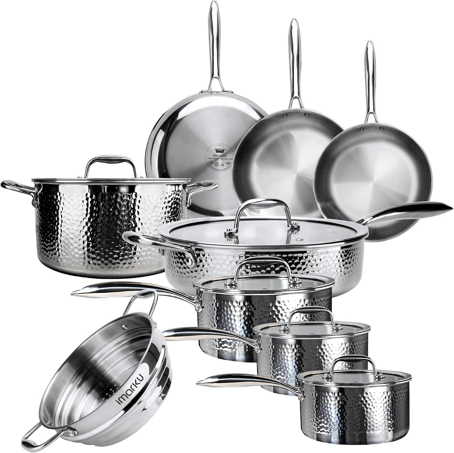 imarku 14-Piece Tri-Ply Hammered Stainless Steel Cookware Set
