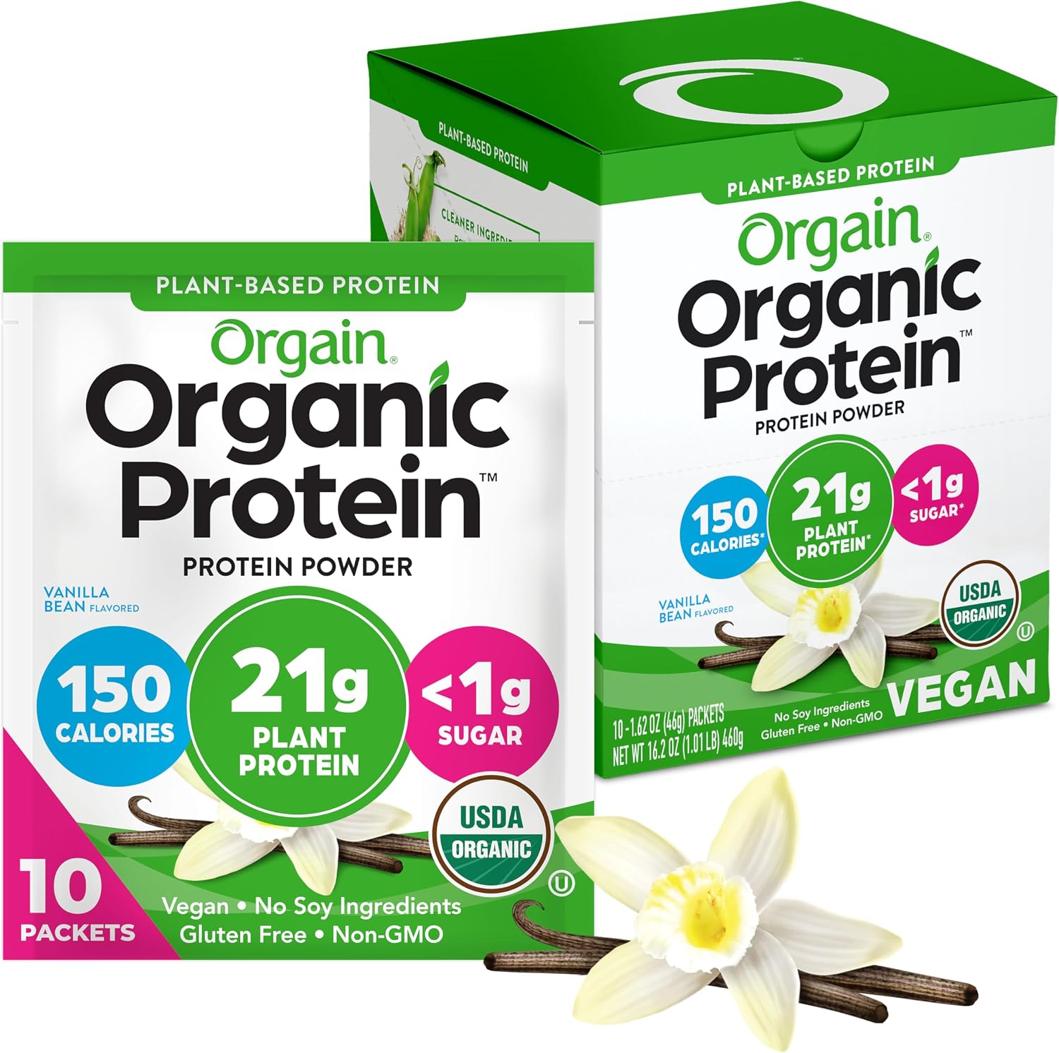 Orgain Organic Vegan 21g Protein Powder, Vanilla Bean, 10 Travel Packs | Plant based protein, 4g prebiotic fiber, low net carb, no added sugar or lactose ingredients, non-GMO, for shakes & smoothies