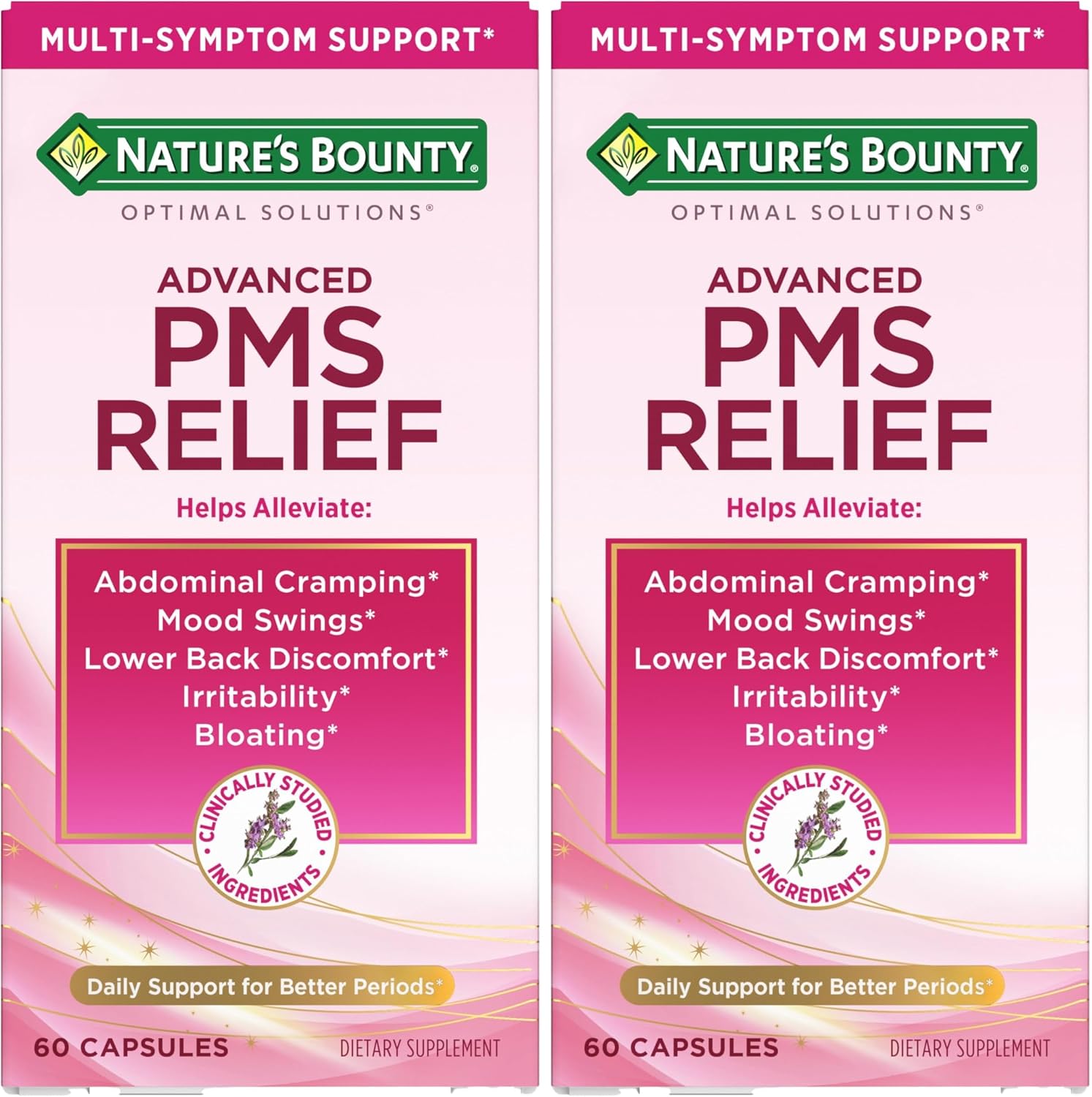 Nature’s Bounty Optimal Solutions Advanced PMS Relief for Menstrual Cycle Support, PMS Support Supplement for Women, Bloating Relief – Chasteberry, Hormone-Free, 60 Vegetarian Capsules (Pack of 2)