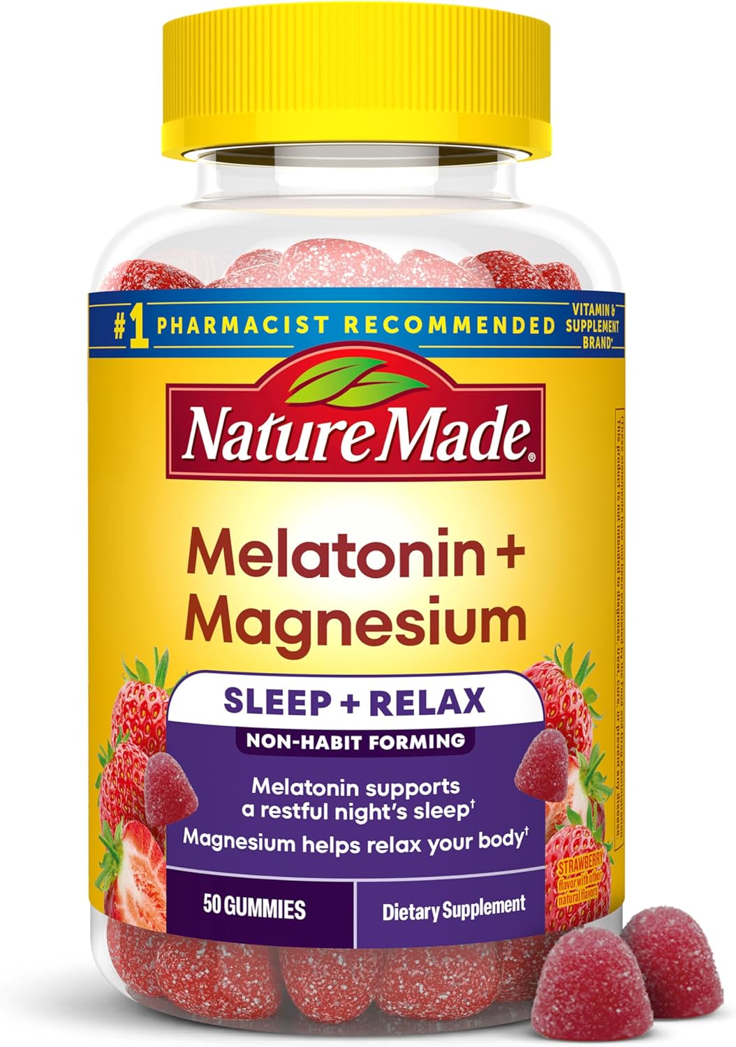 Nature Made Melatonin + Magnesium Gummies, Melatonin 3mg, 50 Gummies | Non-Habit Forming Sleep Aid, Sleep and Relax Support with Magnesium Citrate, Strawberry Flavor, 25 Day Supply