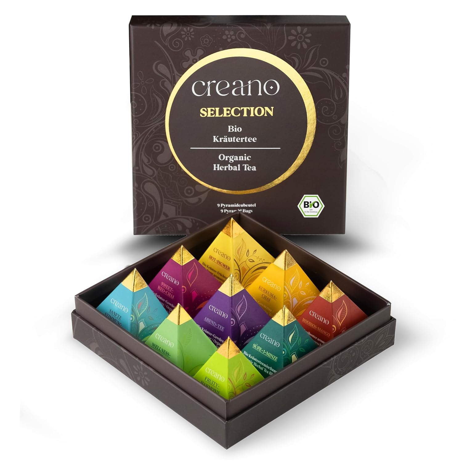 Creano Organic Herbal Tea Gift Set “Organic Herbal Tea” – 9 Pyramid Tea Bags in 9 Different Varieties – 22,5 g
