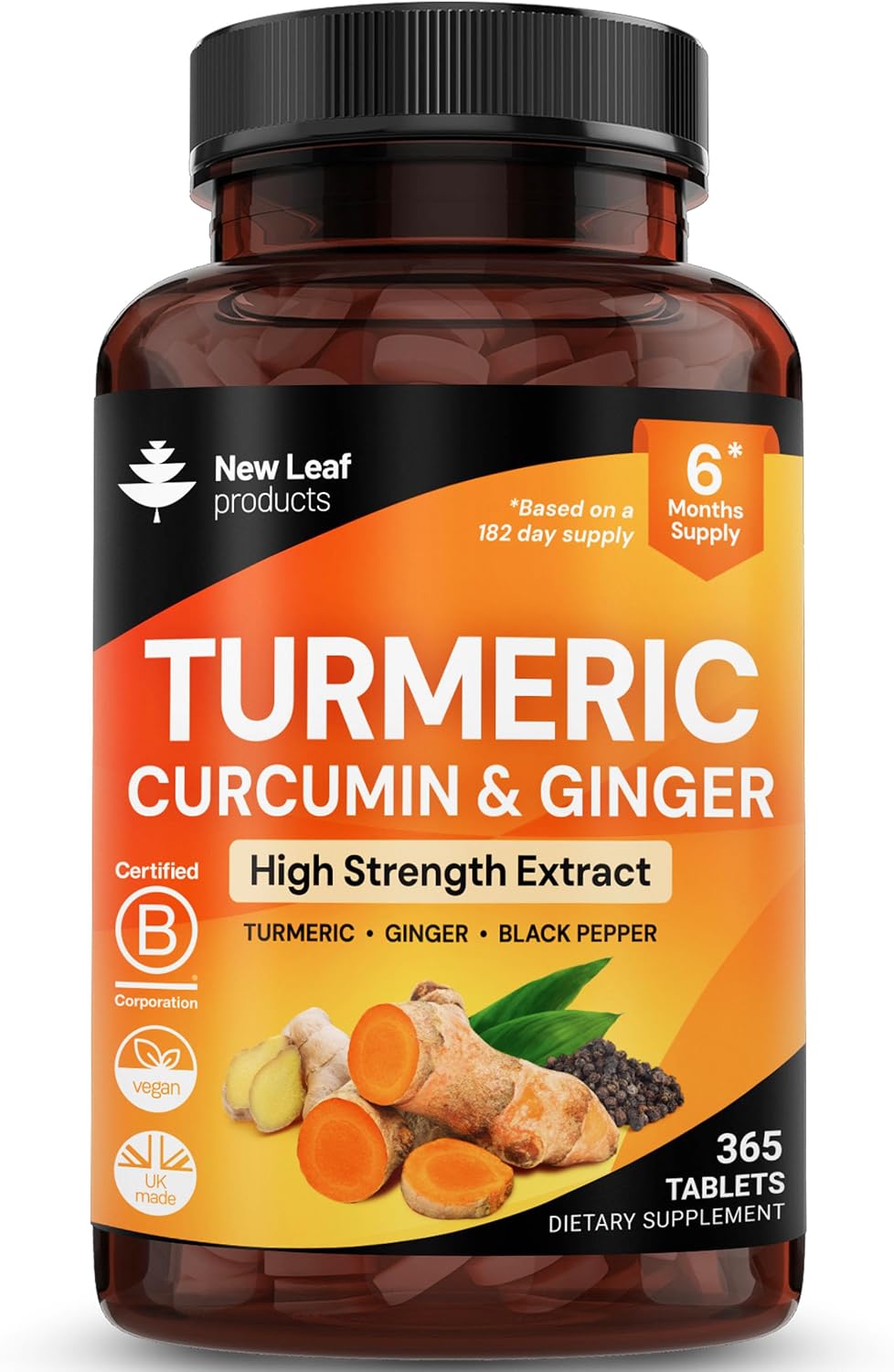 Turmeric Tablets – High Strength Extract with Black Pepper & Ginger (365 Tablets) Active 95% Turmeric Curcumin Supplements, Vegan, GMP, GMO Free Gluten Free, UK Made by New Leaf