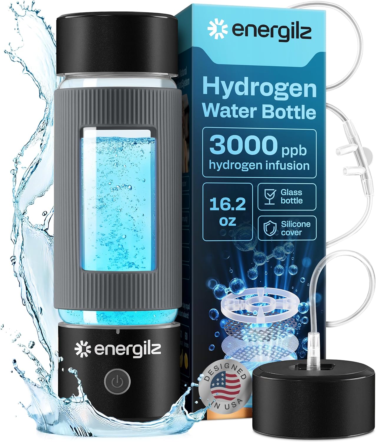 Hydrogen Water Bottle | Large 16.2 oz (480 ml) Hydrogen Water Bottle Generator 3000ppb | Hydrogenator Machine | SPE/PEM Hydrogenated Ionizer Generator (Black w/Gray)