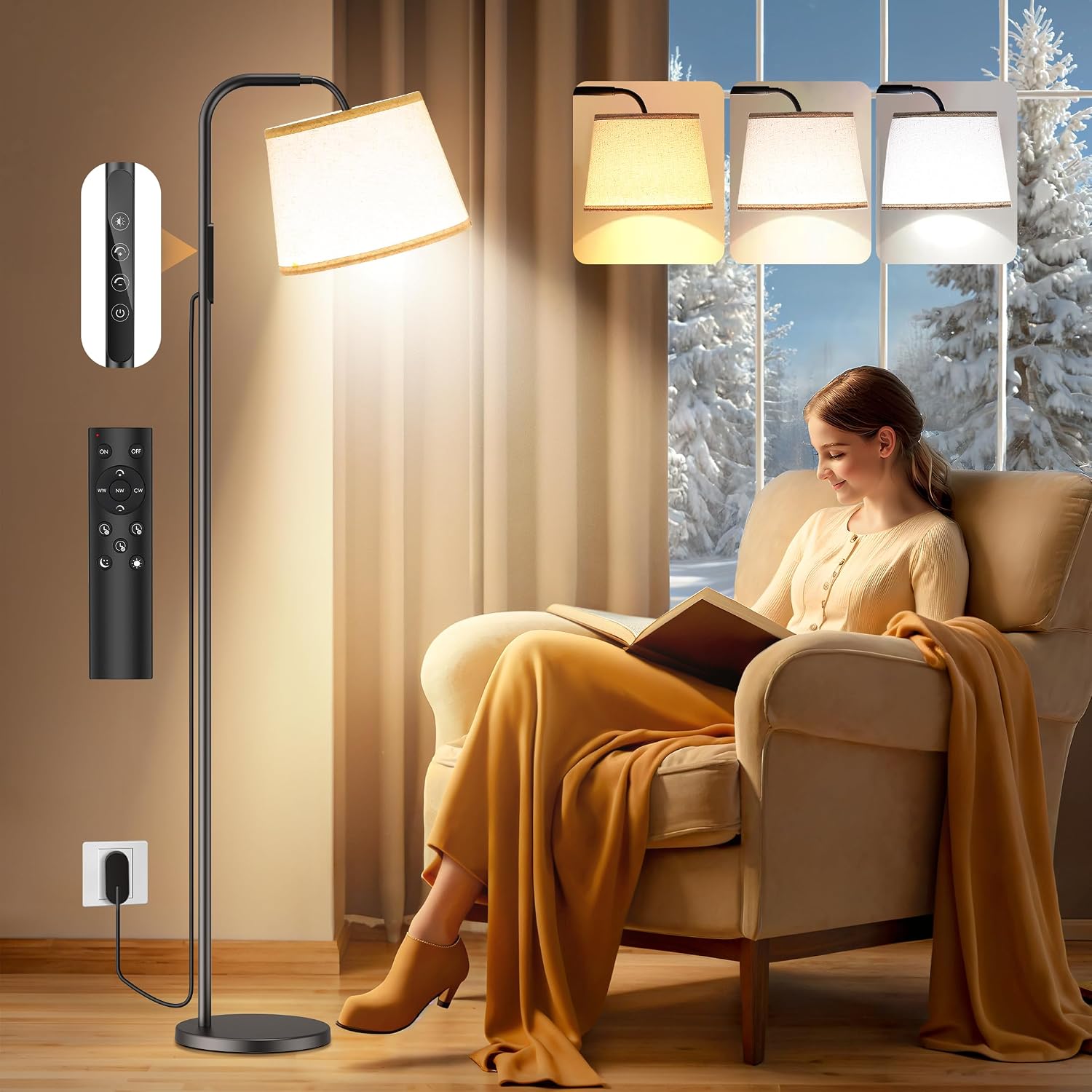 Caromolly Light Therapy Lamp, 10000 Lux Daylight Lamp with Remote & Touch Control, Adjustable Color/Brightness/Timer, Therapy Light Floor Lamp with Linen Shade for Bedroom, Office, Living Room