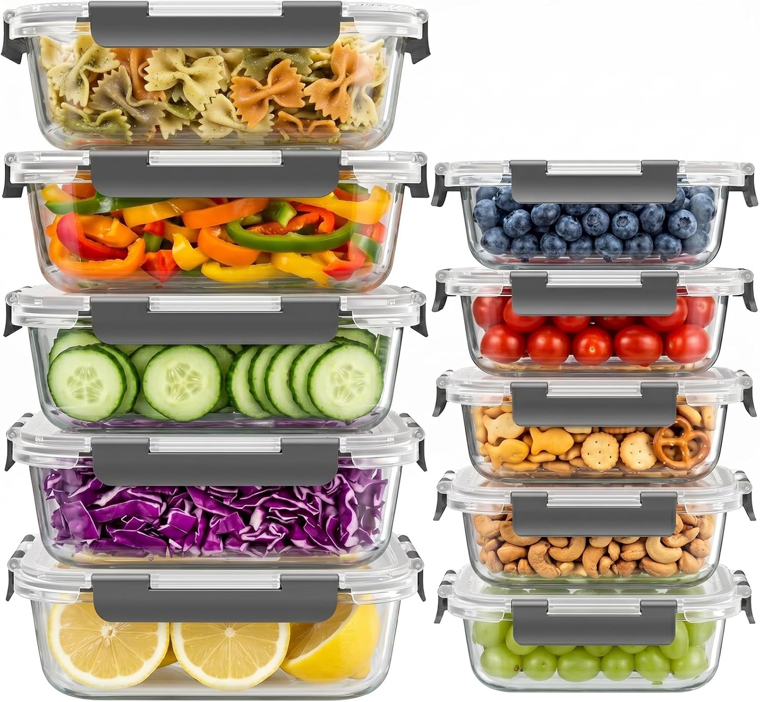 Dealusy 10 Sets 36 oz & 12 oz Glass Food Storage Containers with lids, Gray | 20-Piece Airtight Leak-proof Glass Meal Prep Containers with Lids, Microwave Oven Freezer Dishwasher Safe
