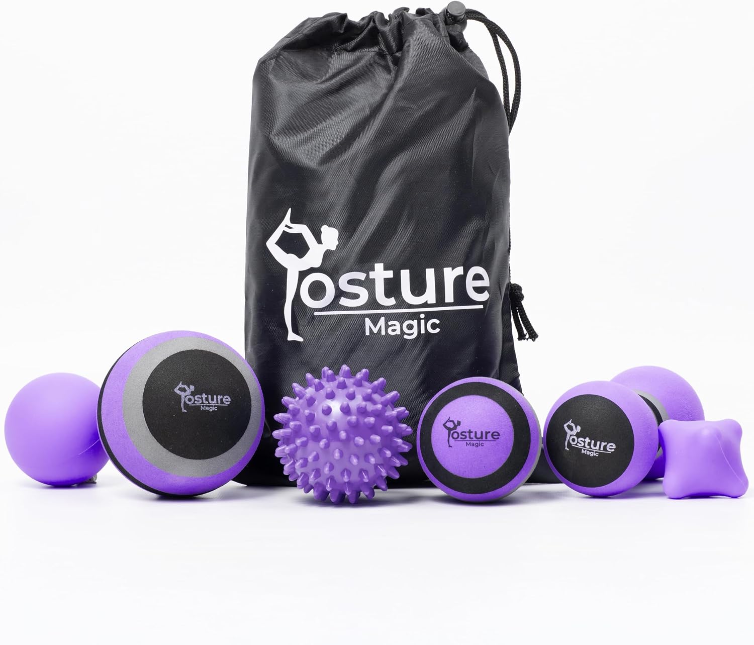 Posture Magic Massage Ball Kit for Myofascial Trigger Point Release & Deep Tissue Massage – Set of 6 – Large Foam/Small Foam/Lacrosse/Peanut/Spiky/Hand Exercise Ball (Purple)