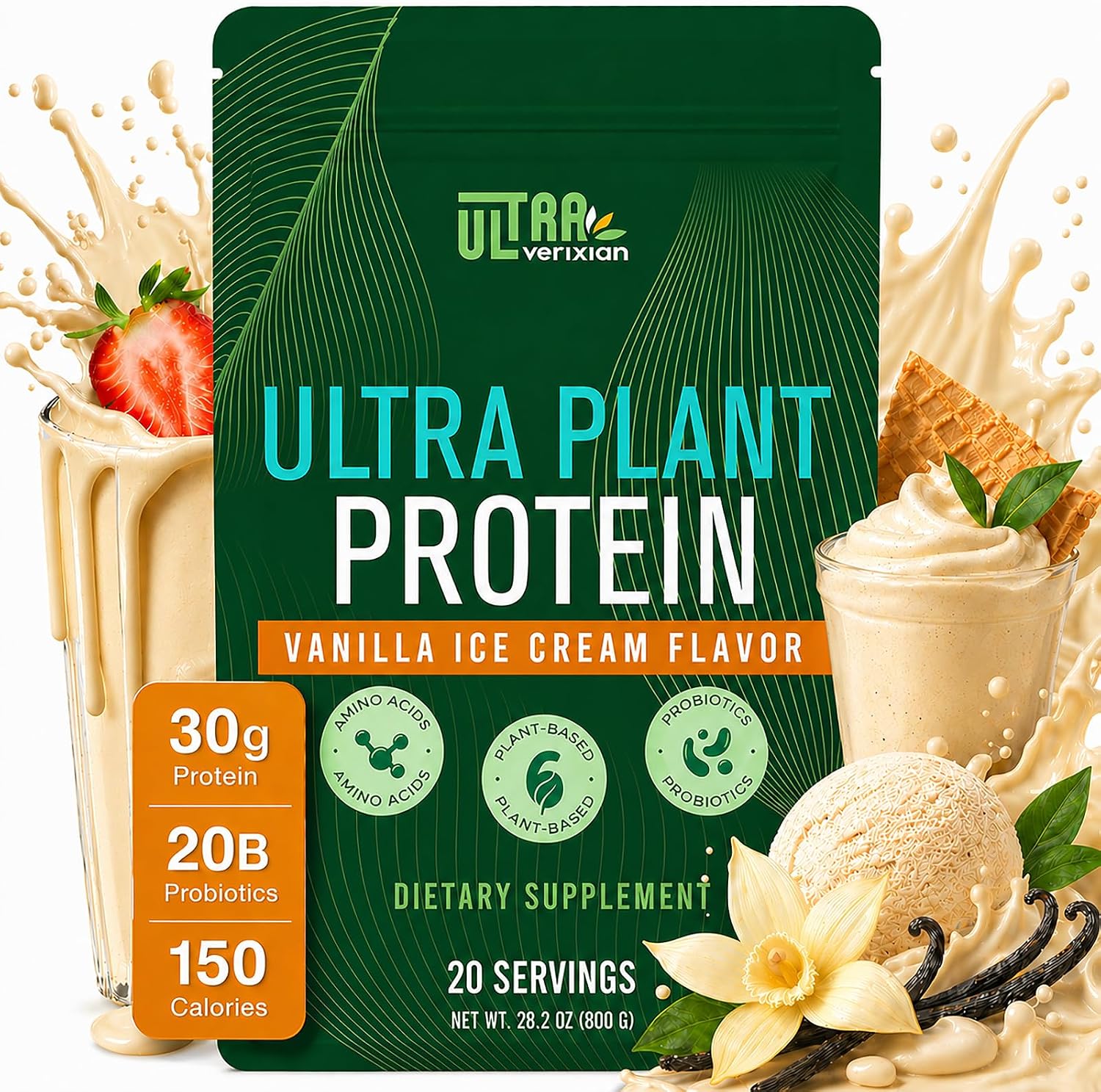 30g Organic Vegan Protein Powder, Plant-Based Protein Powder, Meal Replacement, 20 Billion Probiotics, 0g Sugar, Energy, Focus, Recovery, Dairy-Free, Easy Digestion, Vanilla, 20 Servings