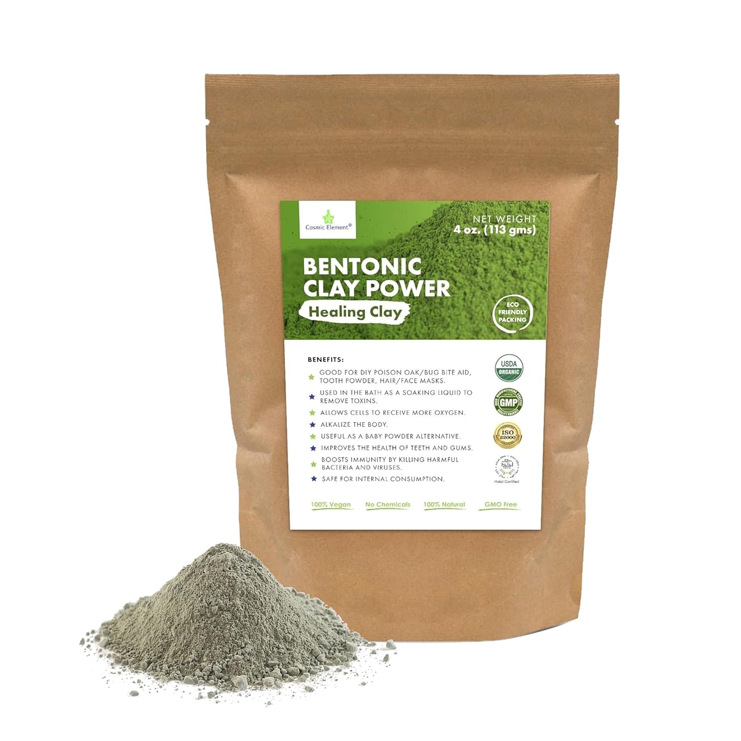 Cosmic Element 100% Pure Calcium Bentonite Clay Powder – Bentonite Clay Food Grade, Vegan, Healing Clay | Skin Care Detox – Deep Pore Cleansing Face & Body Mask for Soft, Smooth, Refreshed Skin | 4 oz