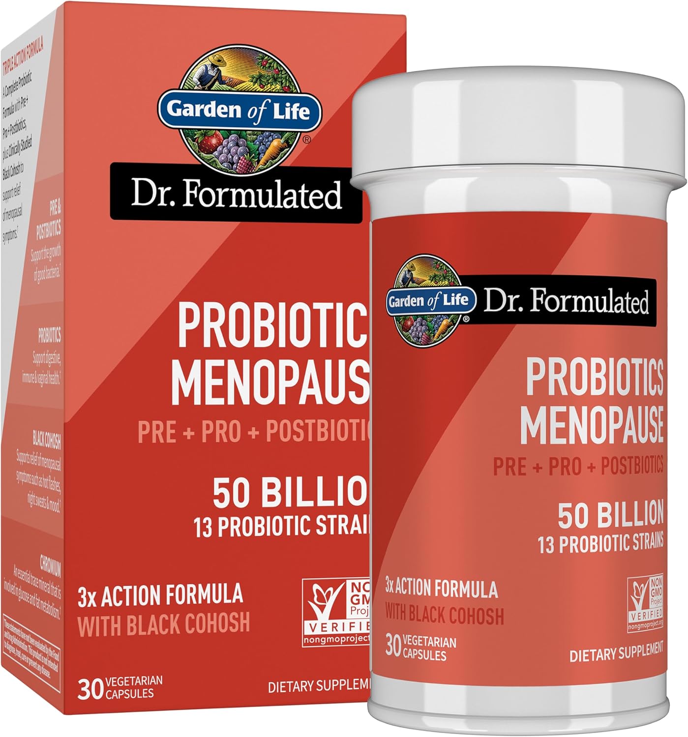 Garden of Life Dr. Formulated Menopause Probiotic, Pre & Post Biotics, 30ct | Black Cohosh, Chromium and Pre, Pro & Postbiotics, Menopause Supplements for Women, Immune Health, Non-GMO, Gluten-Free