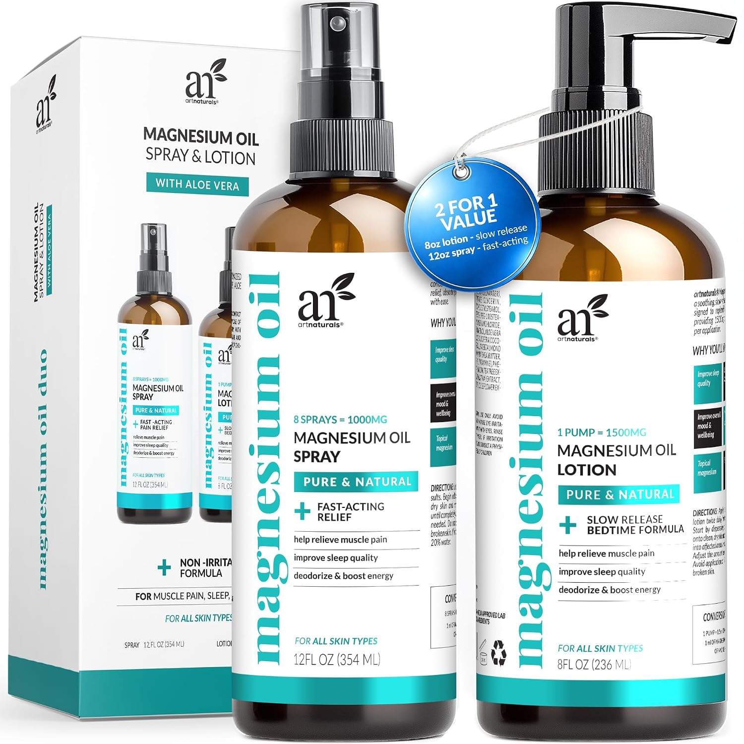 Artnaturals Magnesium Oil Spray & Lotion Set with Aloe