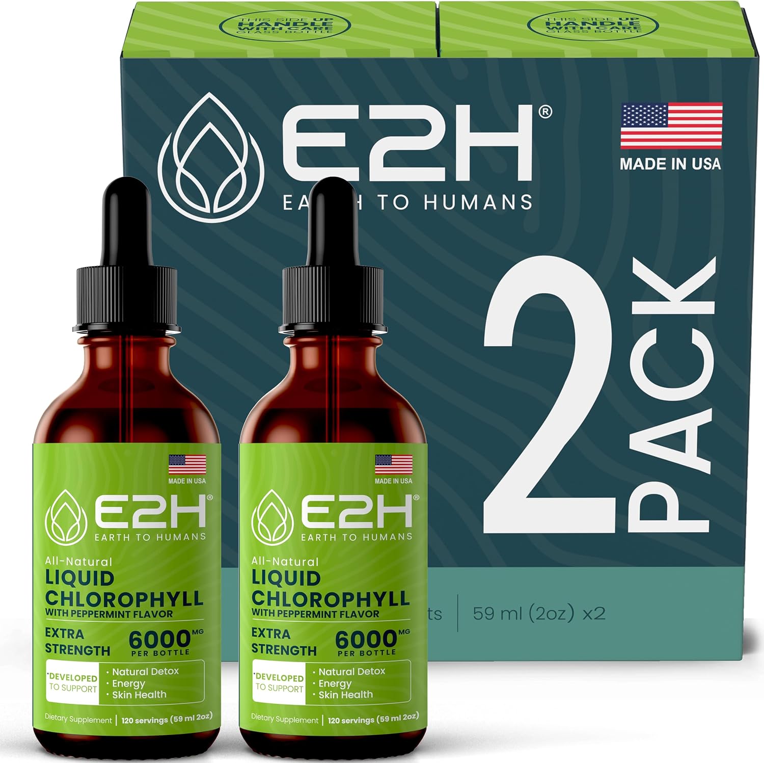 E2H Chlorophyll Liquid Drops – Natural Energy Booster, Immune System Support and Internal Deodorant – Peppermint Flavor – (2 Bottles)