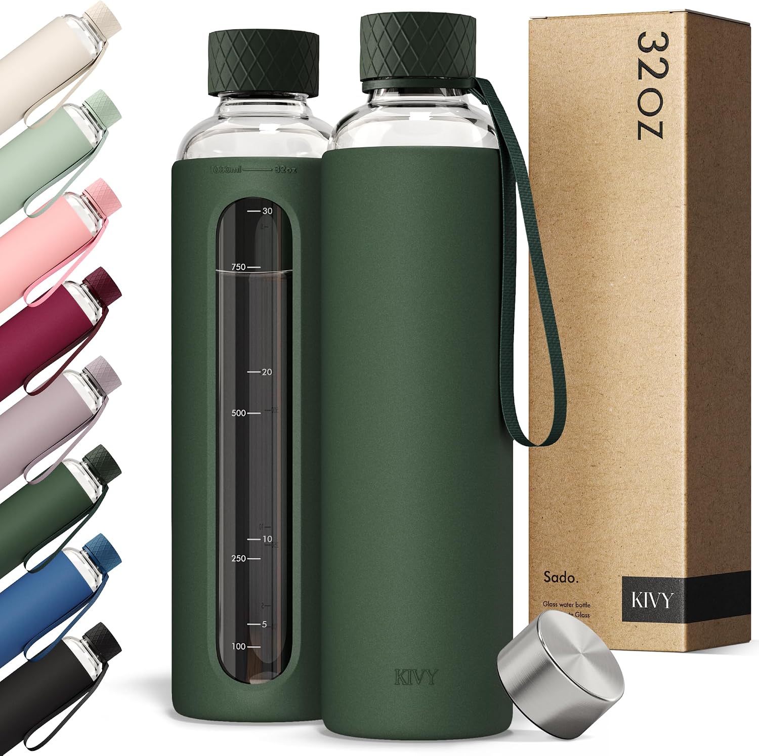 KIVY Glass Water Bottle with Silicone Sleeve 32 oz [WITH MEASUREMENT] – Borosilicate Glass Water Bottle Screw Top – Clear Bottles with Measurement Marking – Slim Waterbottle Aesthetic – Dark Green