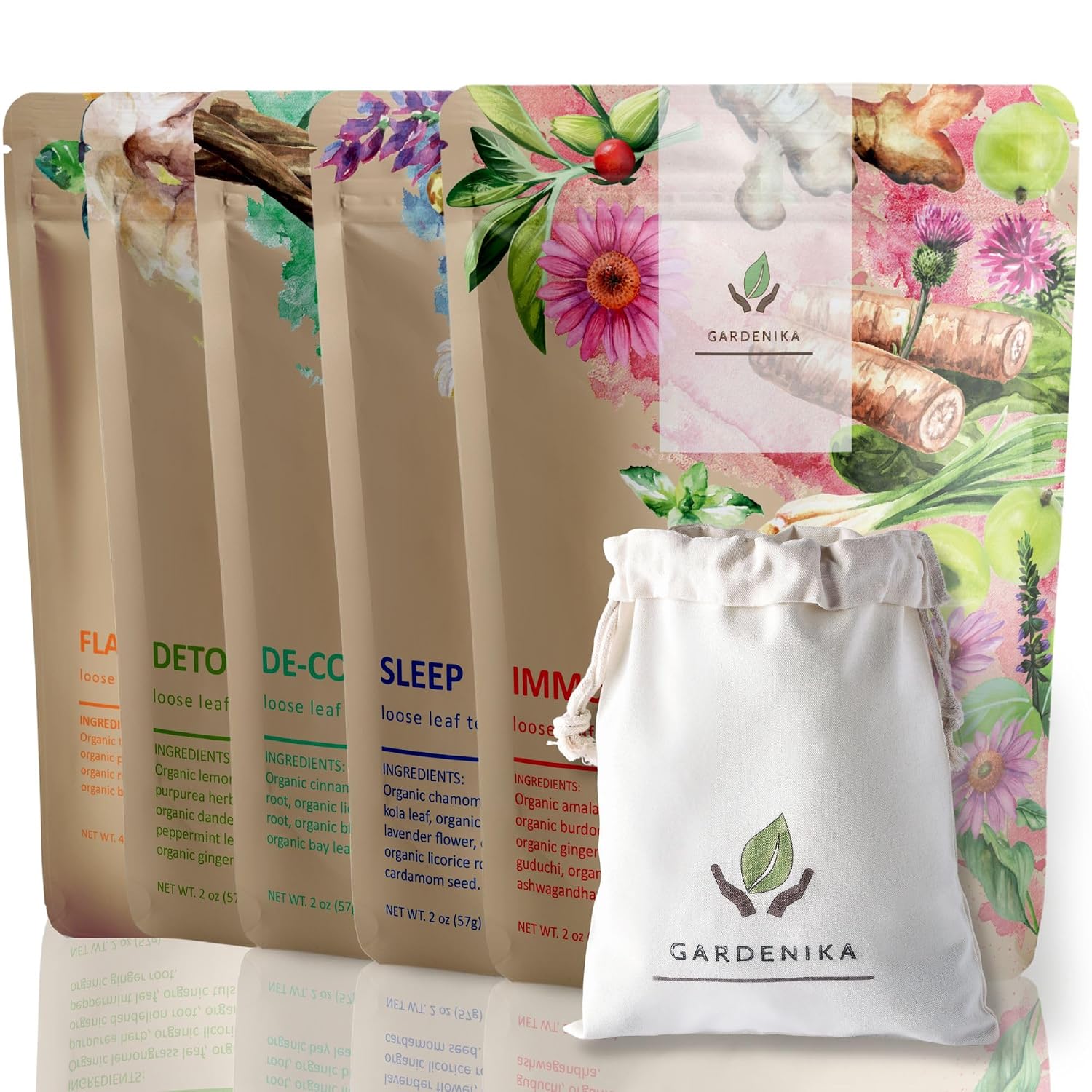 Gardenika Organic Loose Leaf Tea Sampler – Herbal Caffeine-Free Set – Ayurvedic Blend, KSA Kosher, No Natural or Artificial Flavors (5 Pack)