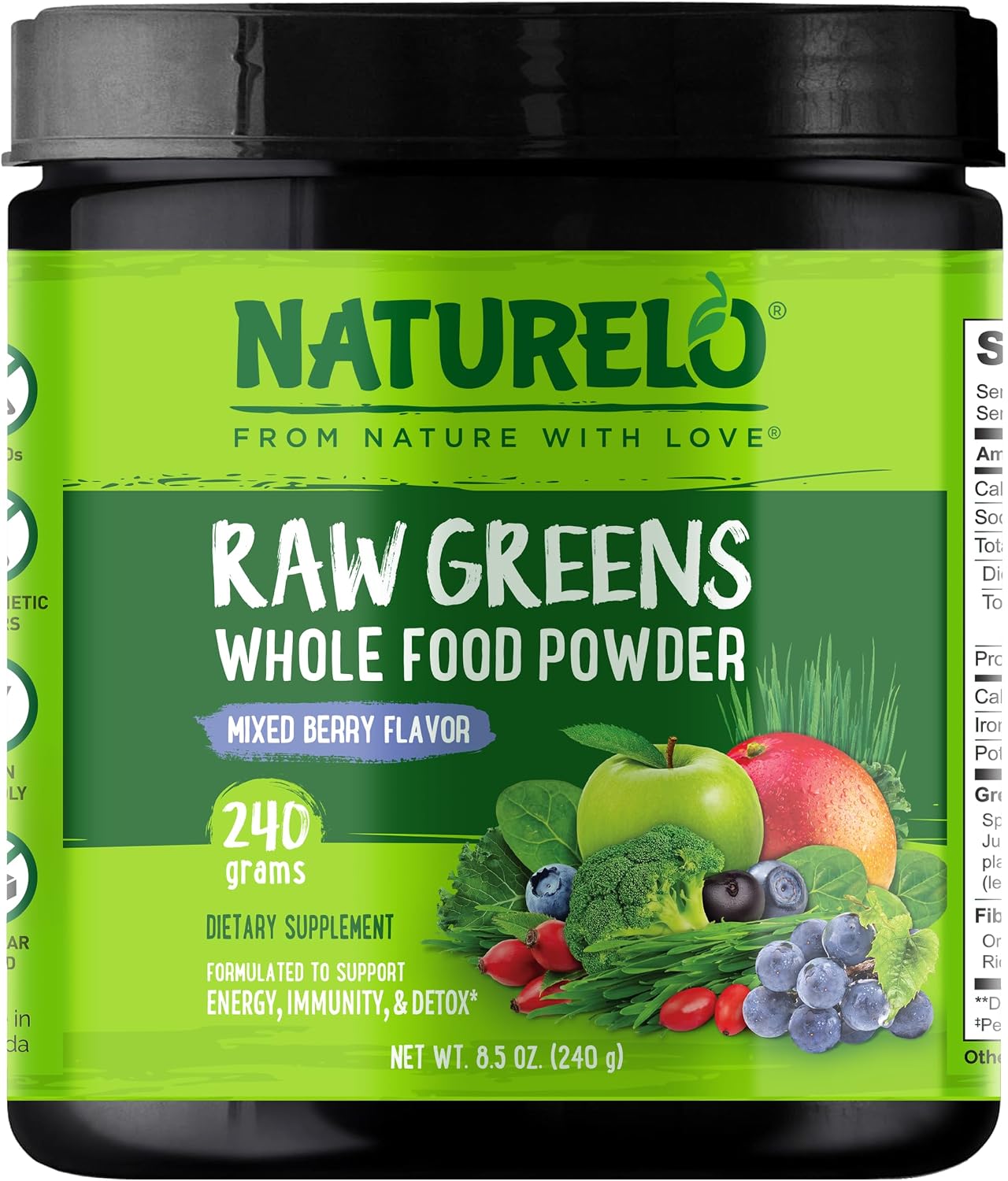 NATURELO Raw Greens Superfood Powder 240 Grams, Mixed Berry | Supports Energy, Immunity and Detox – Includes Spirulina, Wheat Grass and Organic Greens for Whole Food Nutrition