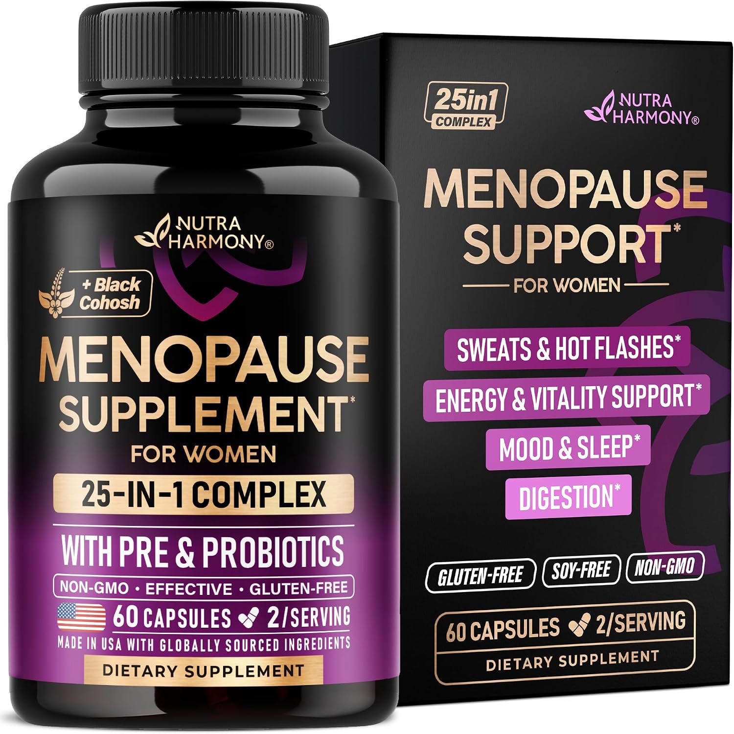 Menopause Supplements for Women – Black Cohosh, Pre & Probiotics – 60 Caps | Sweats & Hot Flashes Relief – Digestion, Sleep & Mood Support – 25in1 Complex – Dong Quai, Red Clover & Vitamins – Lab Tested