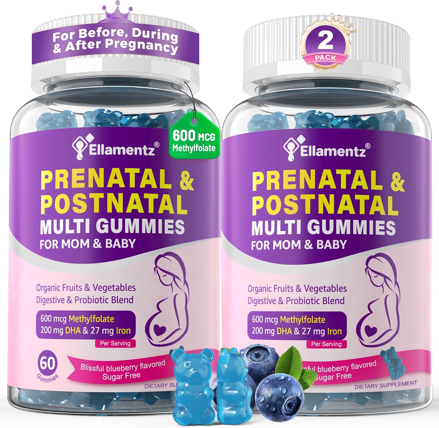 Prenatal Vitamins for Women Gummies + Methylfolate, DHA & Iron, Vegan,120Ct | w/ Omega-3, Organic Food Blend, Choline, Vitamin D3 B6 B12 – Multivitamin for Women Before, During & Post Pregnancy, 0g Sugar