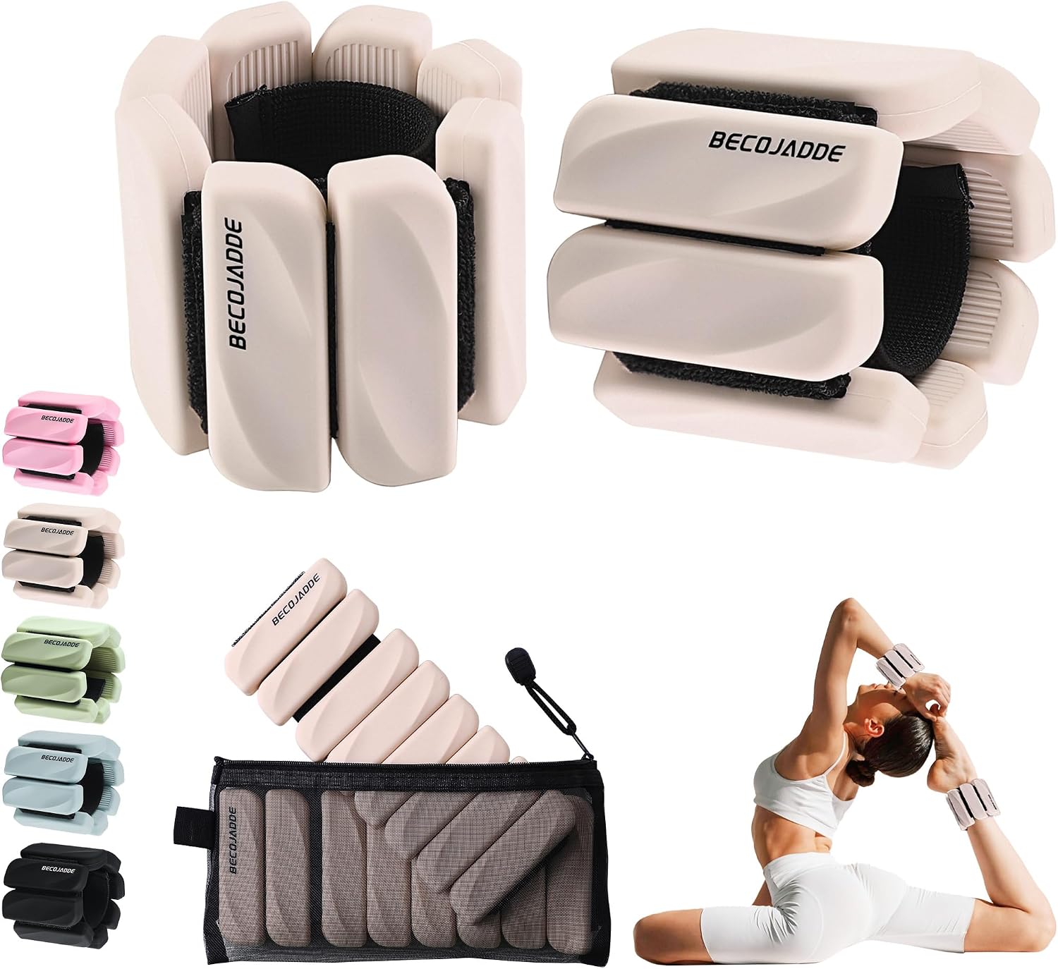 BECOJADDE Ankle Weights for Women Set of 2 (1 lb / 2 lb Each), Adjustable Weighted Wrist Weight for Pilates Walking, Arm & Leg Training