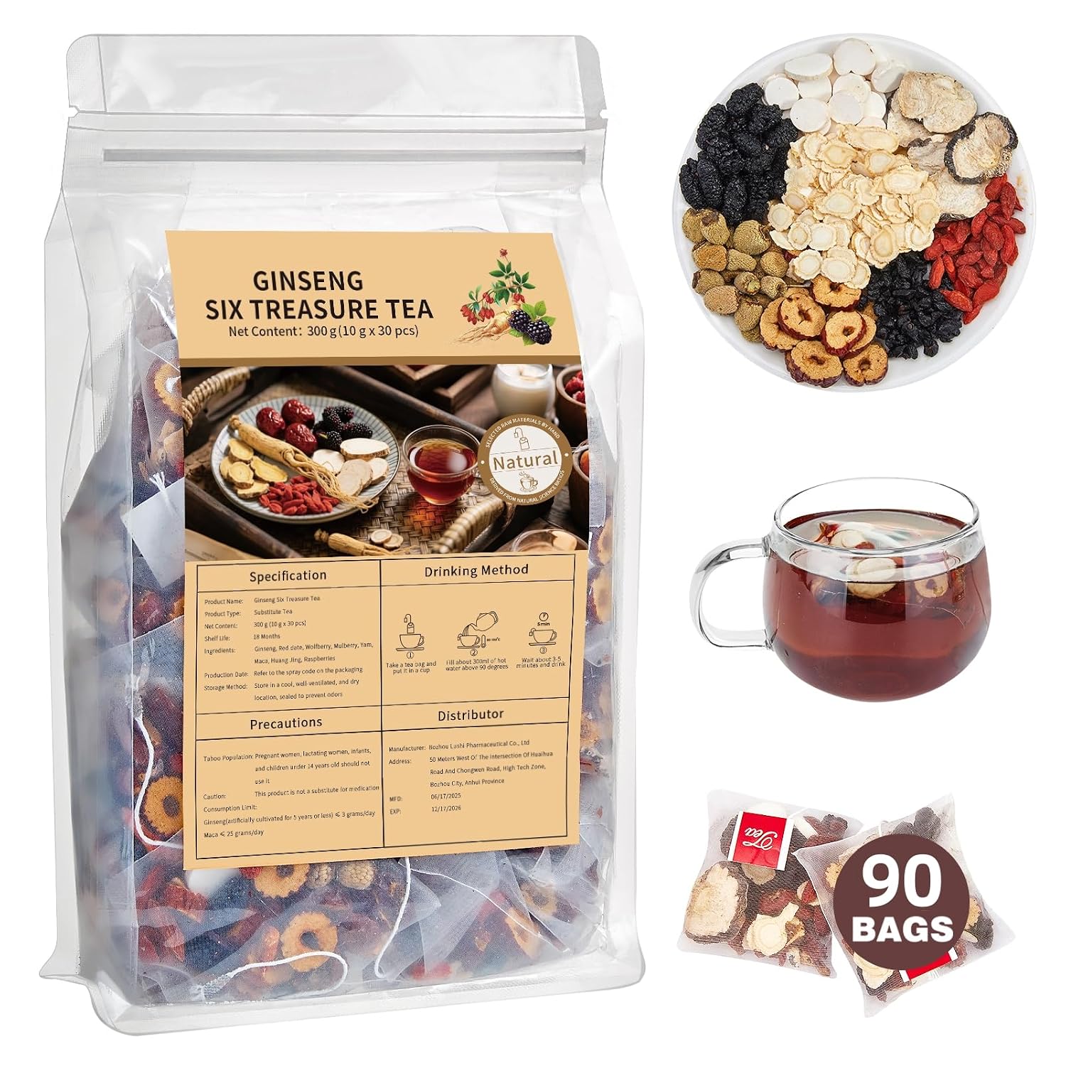 Kidney Tea Formula Ginseng Six Treasure Tea, Ginseng & Mulberry Herbal Tea, Kidney Cleanse Detox & Repair, Traditional Chinese Herbal Tea Bags, Five Treasures Teas For Men Women (90 Bags/1 Pack)