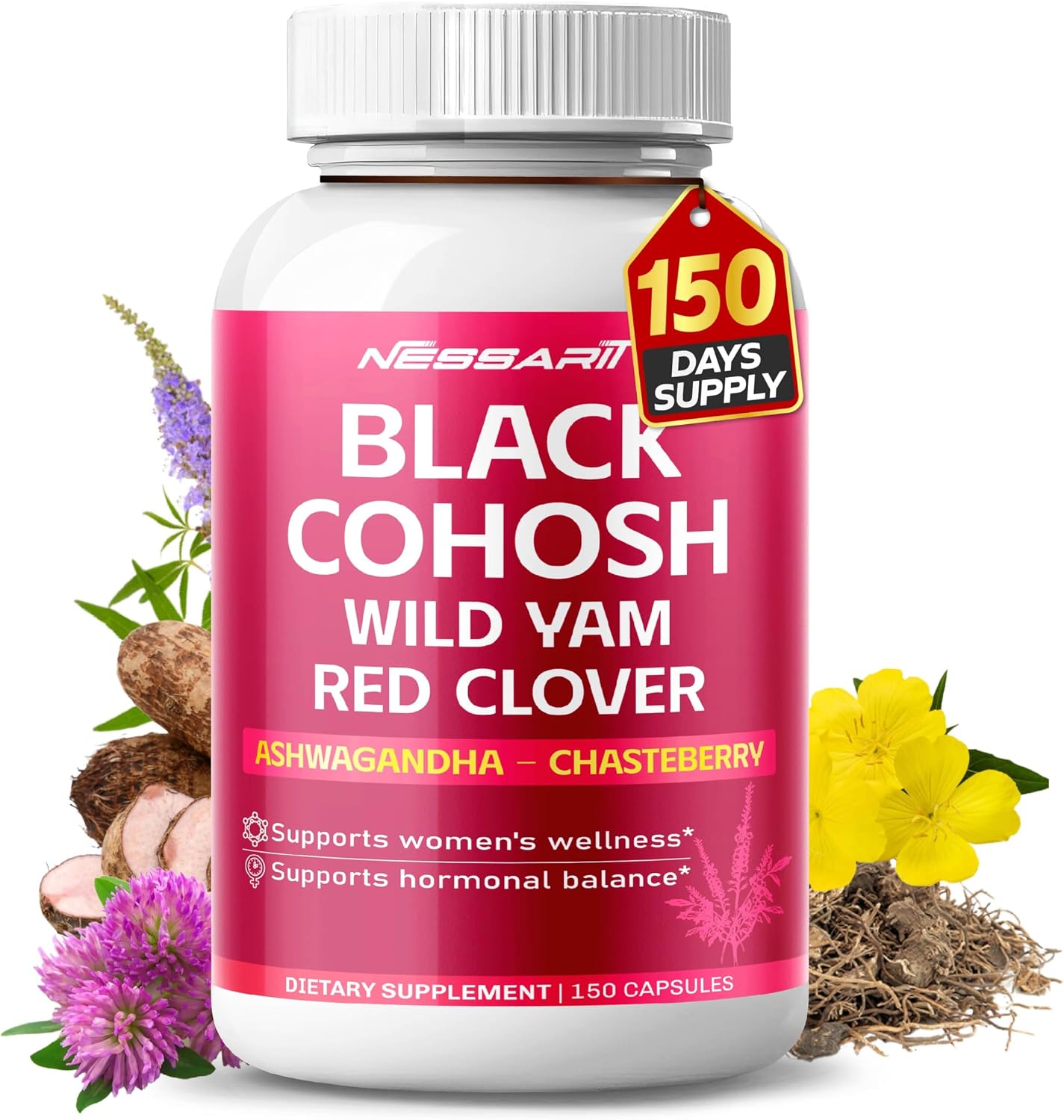 Black Cohosh Supplement, Black Cohosh with Wild Yam, Red Clover, Evening Primrose, Ashwagandha & Chasteberry, Women’s Wellness & Hormonal Balance Support*, 150 Capsules, Non-GMO, Gluten Free