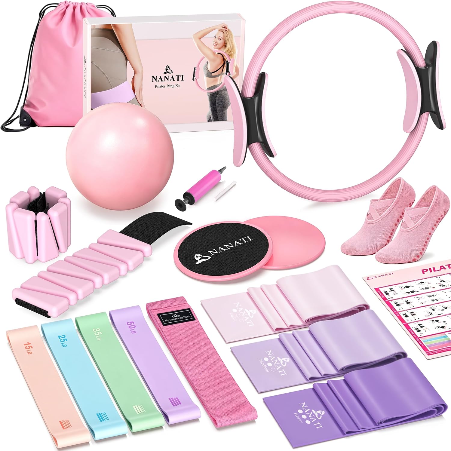 NANATI Pilates Kit, Home Pilates Workout Kit for Women, Pilates Equipment with 14.5″” Pilates Ring and Ball, Resistance Bands, Ankle Weights, Sliders & Grip Socks for Home Workouts