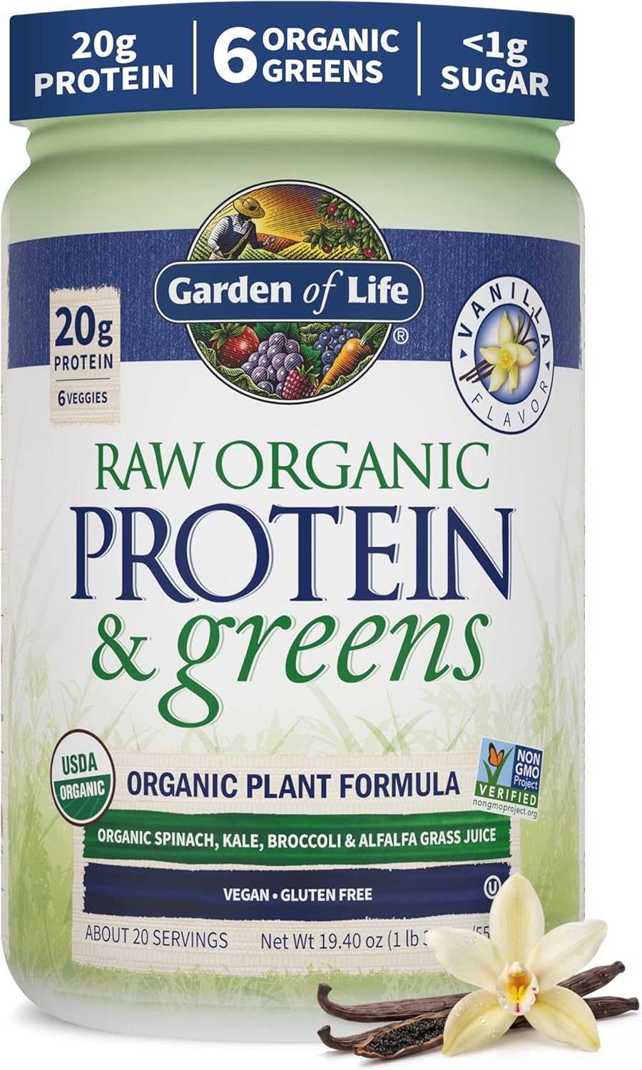Garden of Life Raw Organic Protein & Greens Vanilla – Vegan Protein Powder for Women and Men, Plant and Pea Proteins, Greens & Probiotics, Gluten Free Low Carb Shake Made Without Dairy 20 Servings | 20g Plant Based Greens Powder, Probiotics & Enzymes, Post-Workout Recovery, Vegan, Gluten-Free, Non-GMO