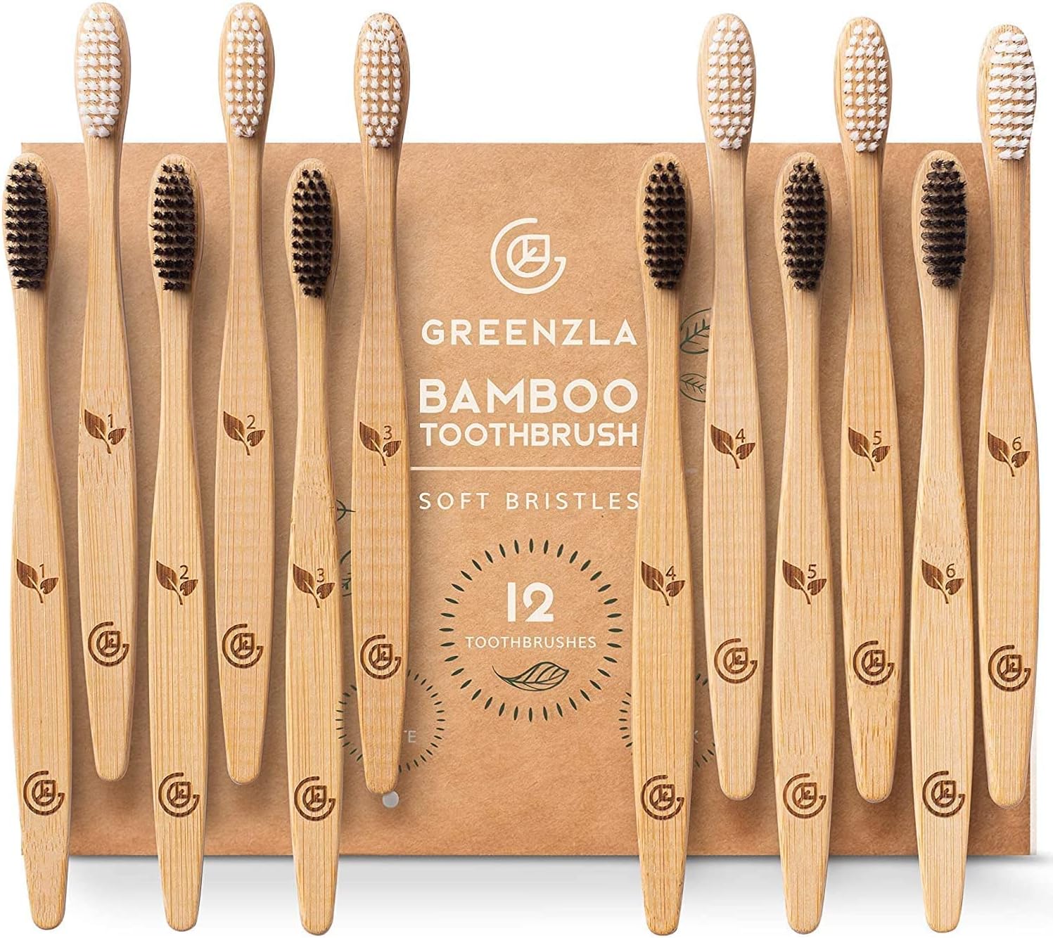 Greenzla Bamboo Toothbrushes for Adults – 12 Pack Wooden Toothbrush Set with Charcoal-Infused Soft Bristles, Natural Oral Care for Daily Use | Organic, BPA-free & compostable | Biodegradable | Lasts 6 months | Gentle on sensitive gums