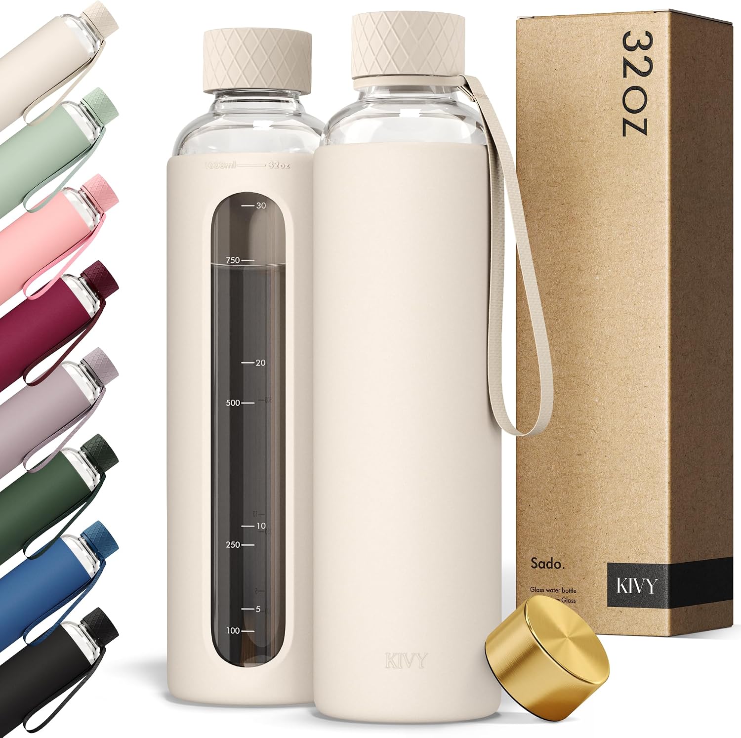 KIVY Glass Water Bottle with Silicone Sleeve 32 oz [WITH MEASUREMENT] – Borosilicate Glass Water Bottle Screw Top – Clear Bottles with Measurement Marking – Slim Waterbottle Aesthetic – Cream White