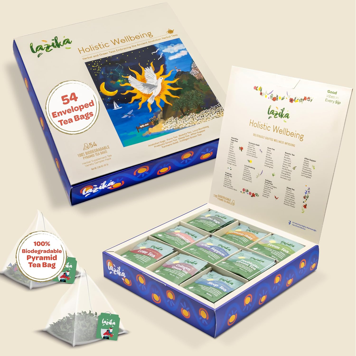 Lazika Herbal Tea Variety Pack with Lovely Presentation Box, 54 Counts, Holistic Wellbeing Tea Assortment Gift Set, Premium Collection with Pyramid Infuser Bag, Handcrafted