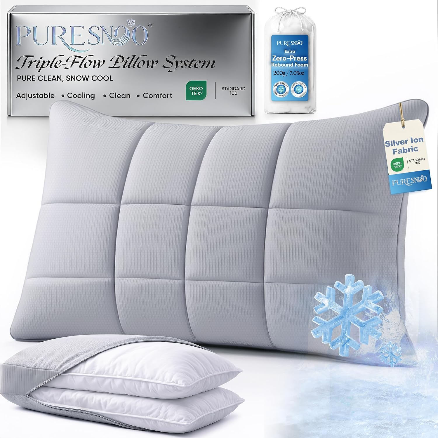 Cooling Pillows for Hot Sleepers, Silver Infused Bed Pillow, Cool Adjustable Pillow for Side Sleepers, Back & Stomach Sleepers, Self-Cleaning Technology for 3X Freshness Sleep, Grey