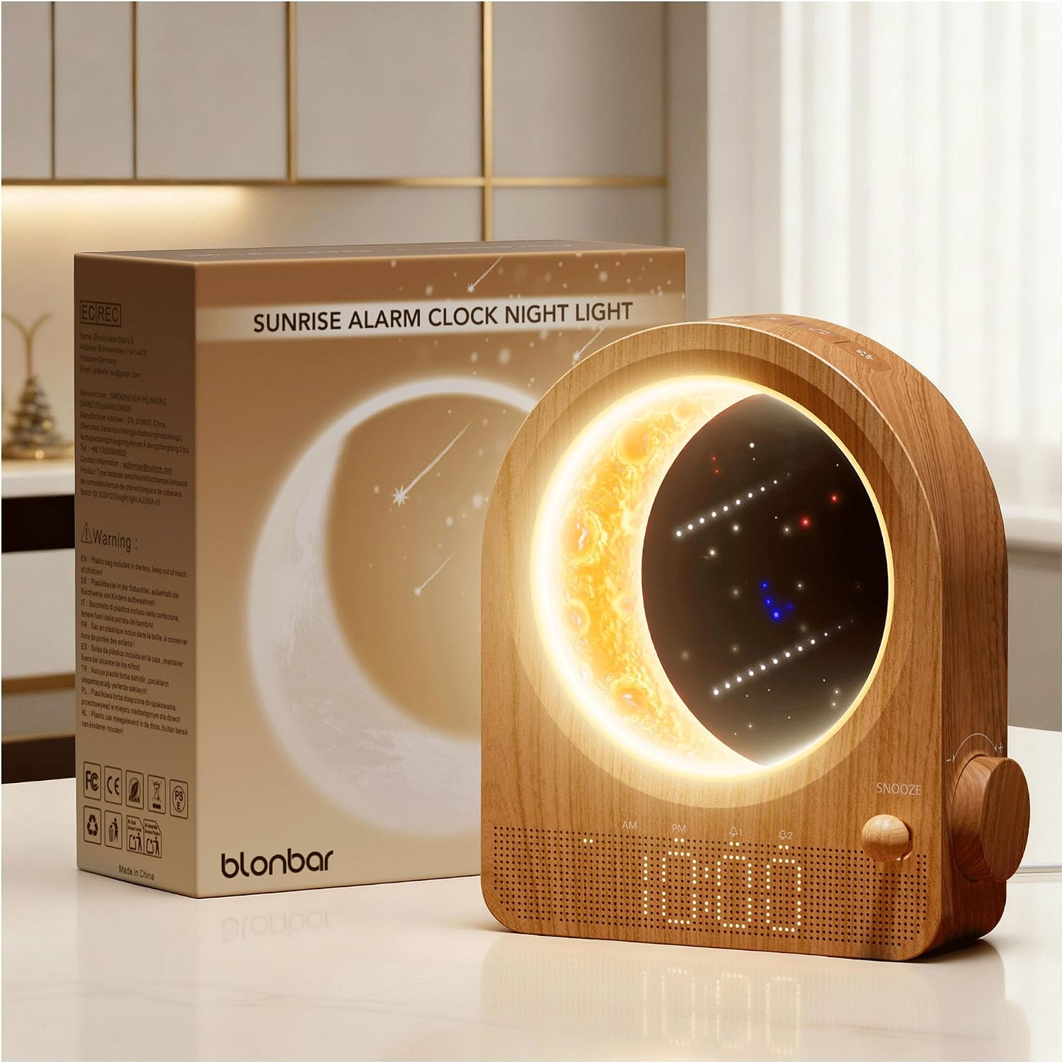 blonbar Dual Alarm Clock for Heavy Sleepers, Dimmable Moon Lamp Gifts