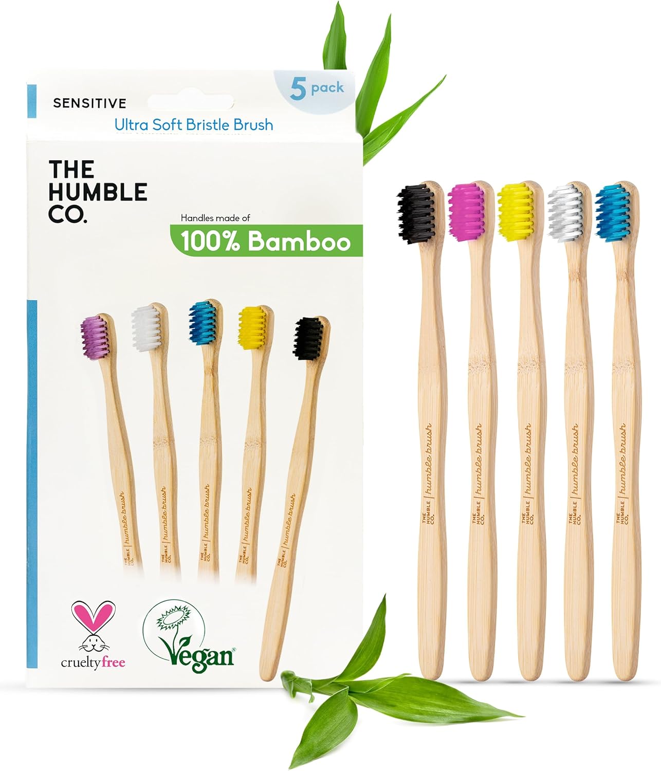 The Humble Co. Bamboo Toothbrushes, BPA Free, Ultra Soft Bristles (5 Pack) | Natural Sustainable Bamboo, Sensitive Gums, Non-Toxic, Dental Oral Care & Hygiene, Plastic-Free Handle, Men & Women