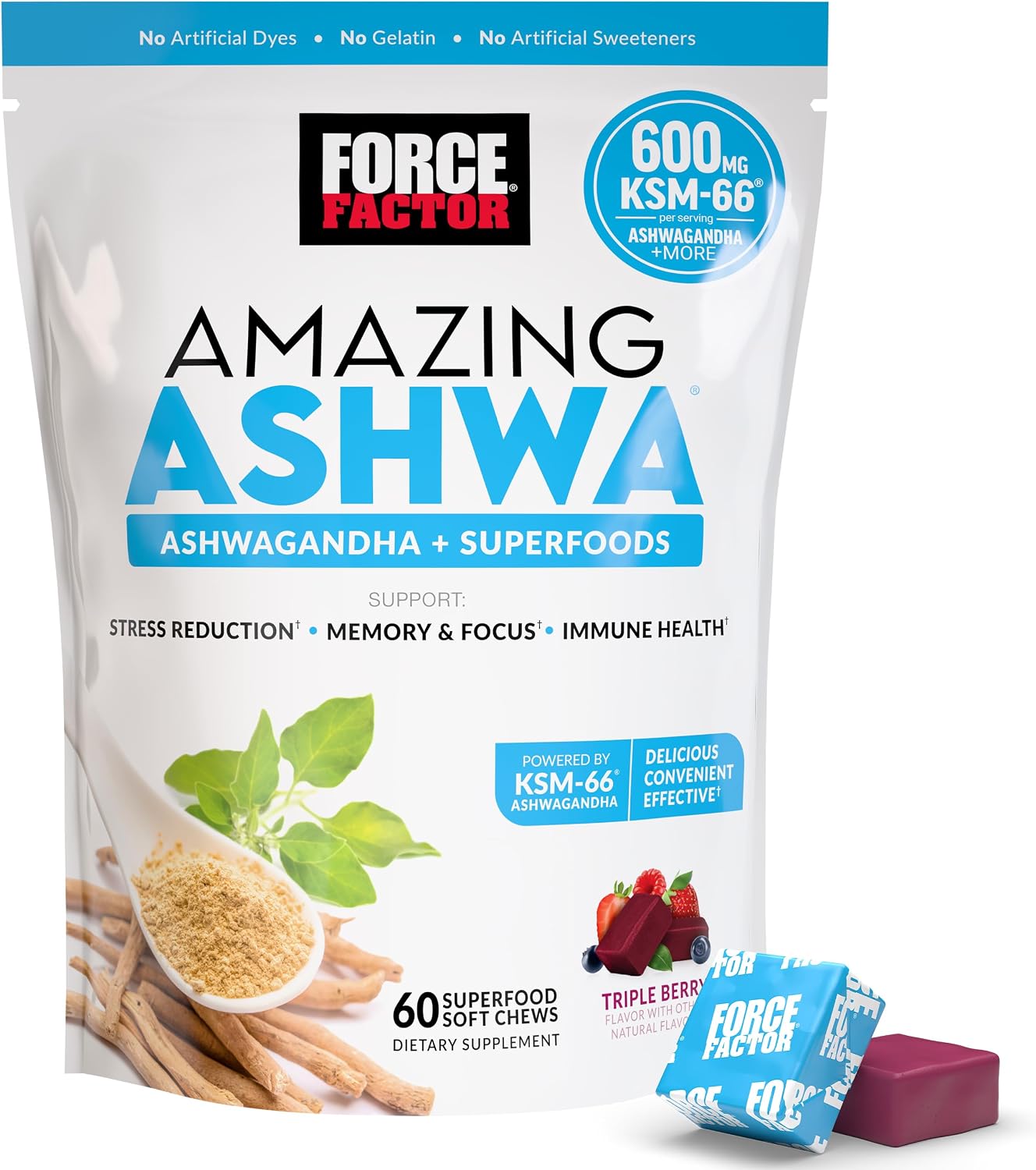 Force Factor Amazing Ashwa, Ashwagandha Supplement for Stress Relief | Memory, Focus, and Immune Support Health with KSM-66 Ashwagandha for Stress, 60 Soft Chews