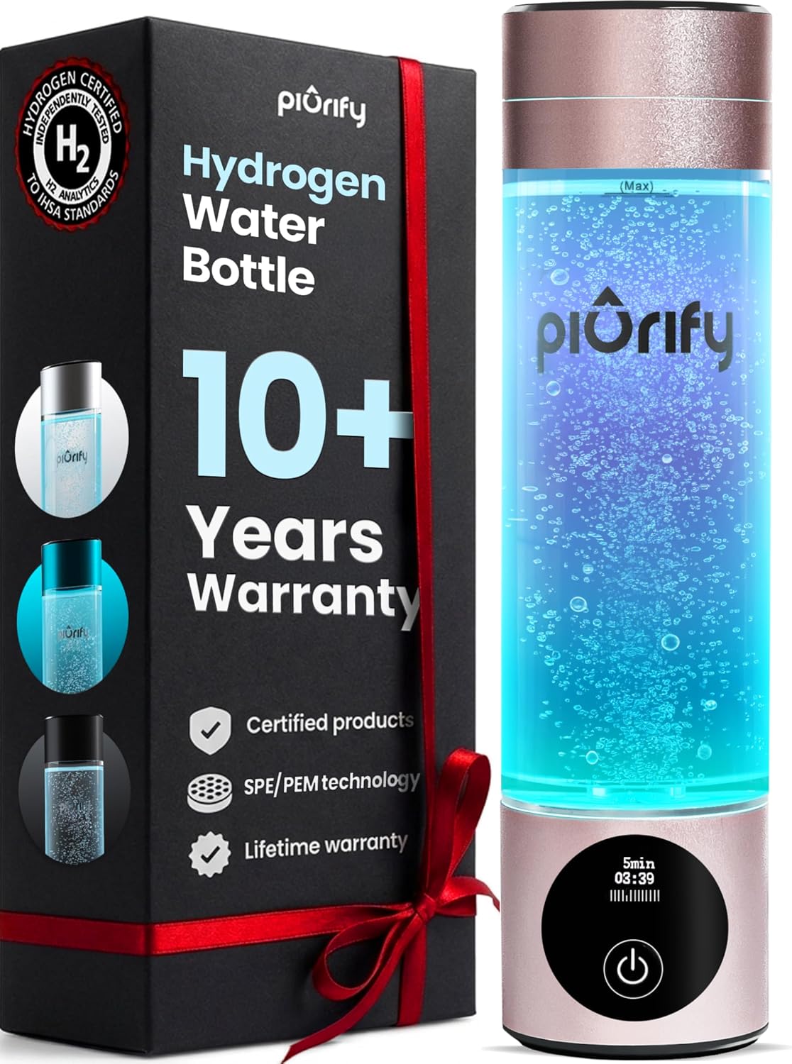 PIURIFY Hydrogen Water Bottle Generator | 6300+ PPB in 3 Cycles | 10 oz