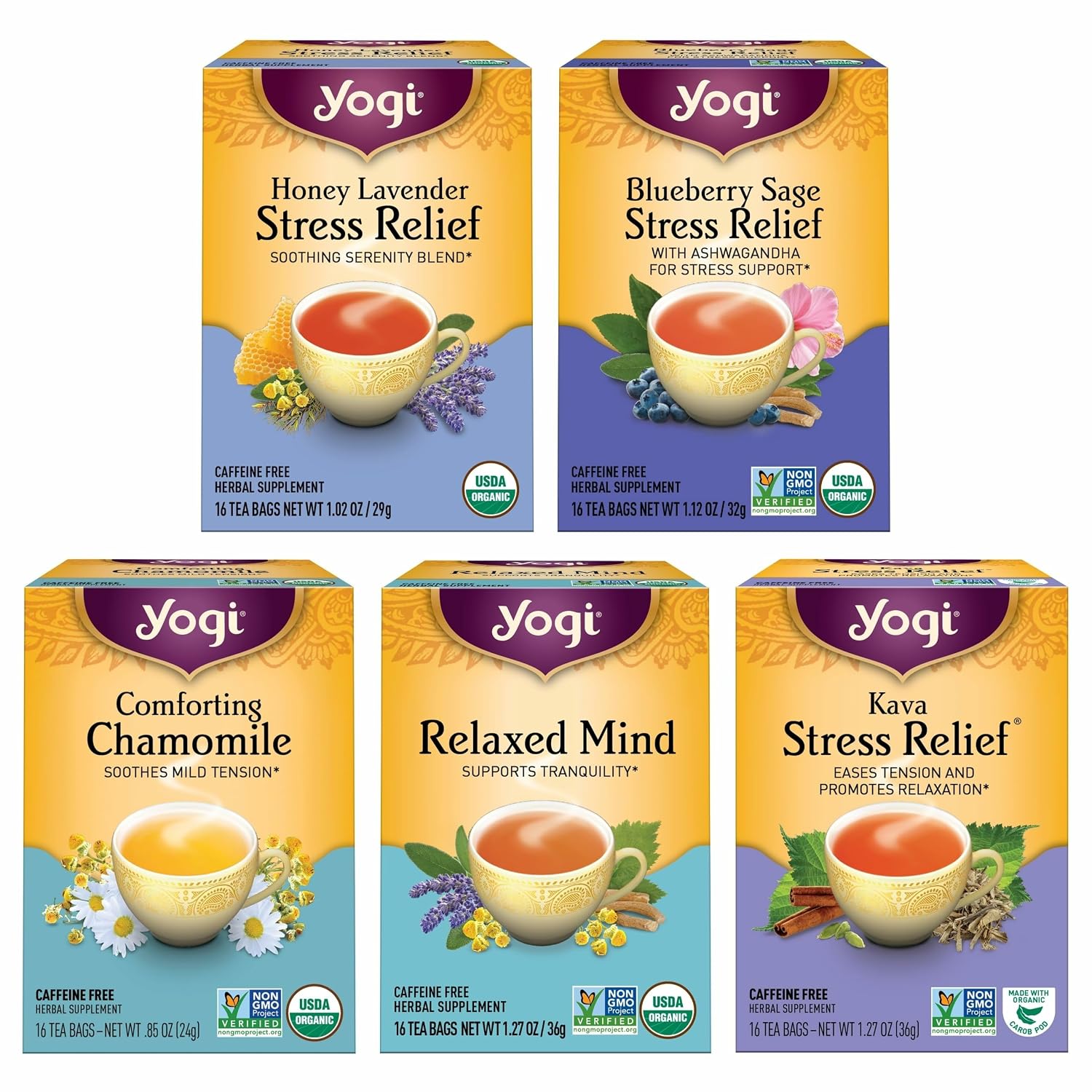 Yogi Stress Relief and Relaxation Variety Sampler, 16 Tea Bags (5 Pack) | Organic Relaxing Sampler with Blueberry Sage Stress Relief, Comforting Chamomile and Relaxed Mind Blends for Everyday Stress