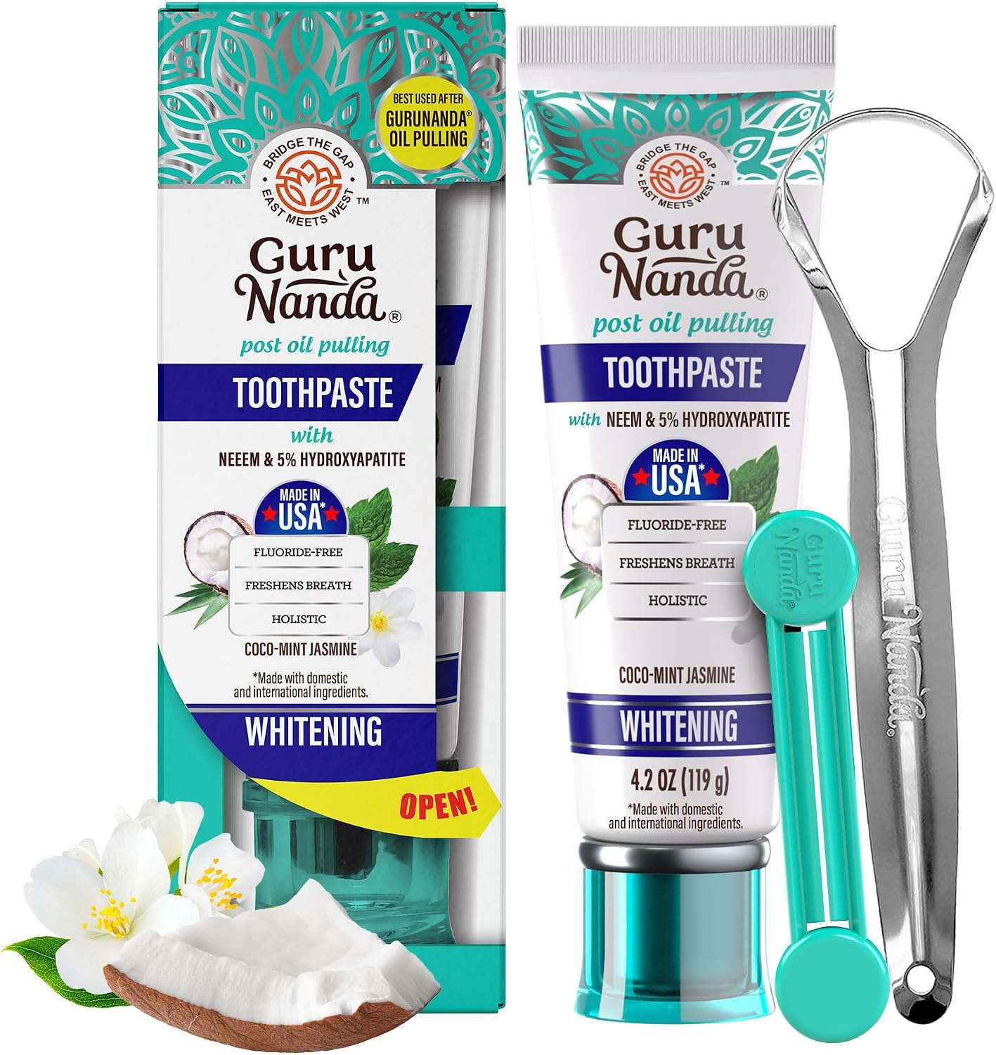 GuruNanda Hydroxyapatite Toothpaste for Whitening with Neem & Xylitol, SLS & Fluoride Free Formula with Tongue Scraper & Squeezer – Freshens Breath, Fights Plaque – Natural CocoMint Jasmine, 4.2oz