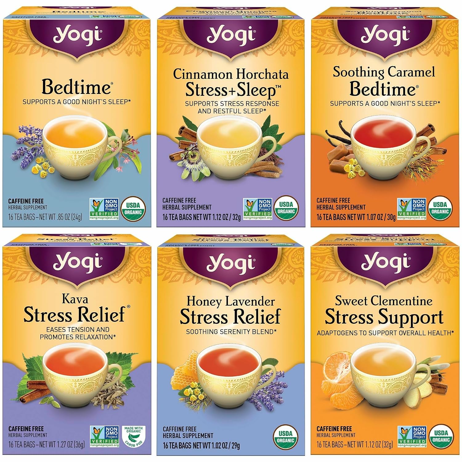 Yogi Stress Relief & Herbal Variety Pack, 16 Tea Bags (6 Pack) | Organic Caffeine-Free Herbal Sampler with Bedtime, Kava Stress Relief and Soothing Caramel Bedtime Blends