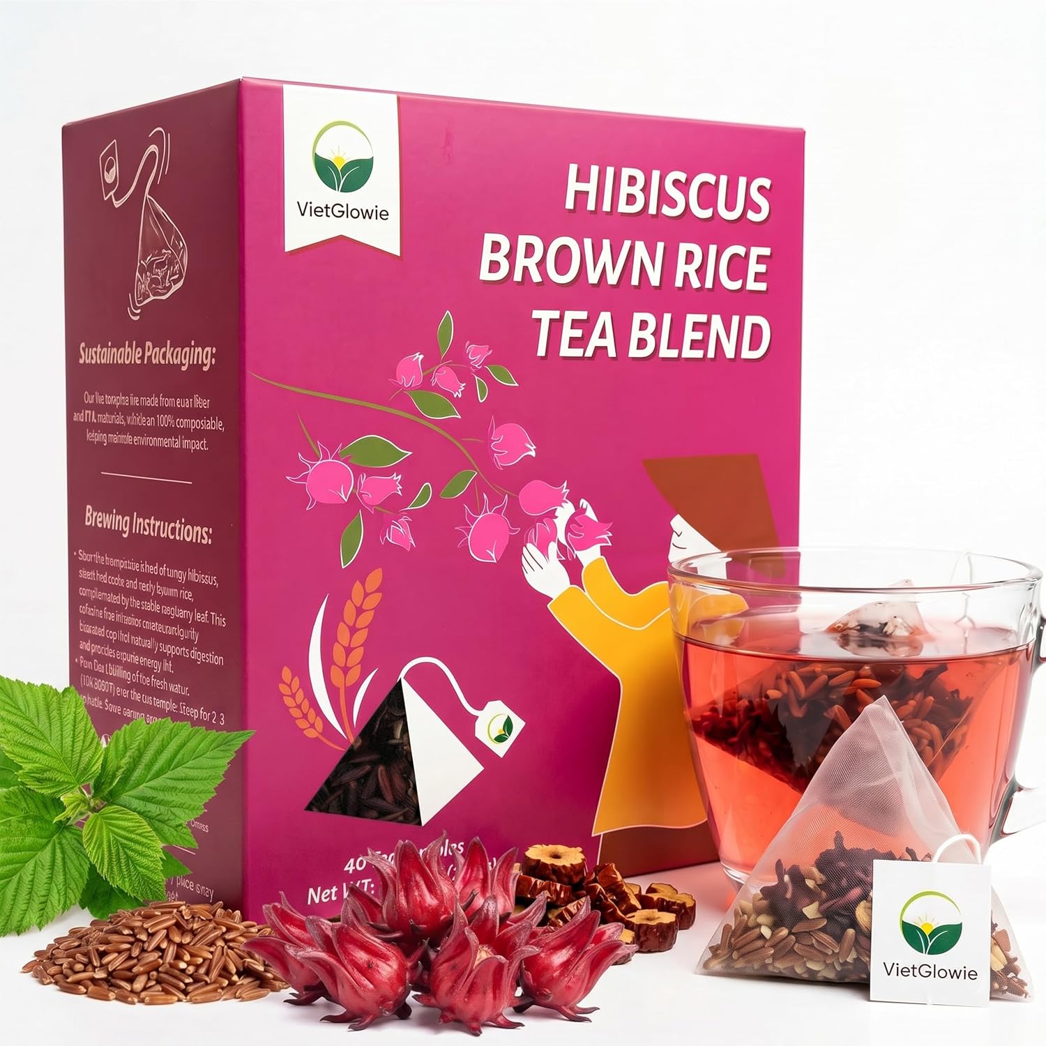 VietGlowie Hibiscus Herbal Tea Mix, 40 Pyramid Tea Bags
