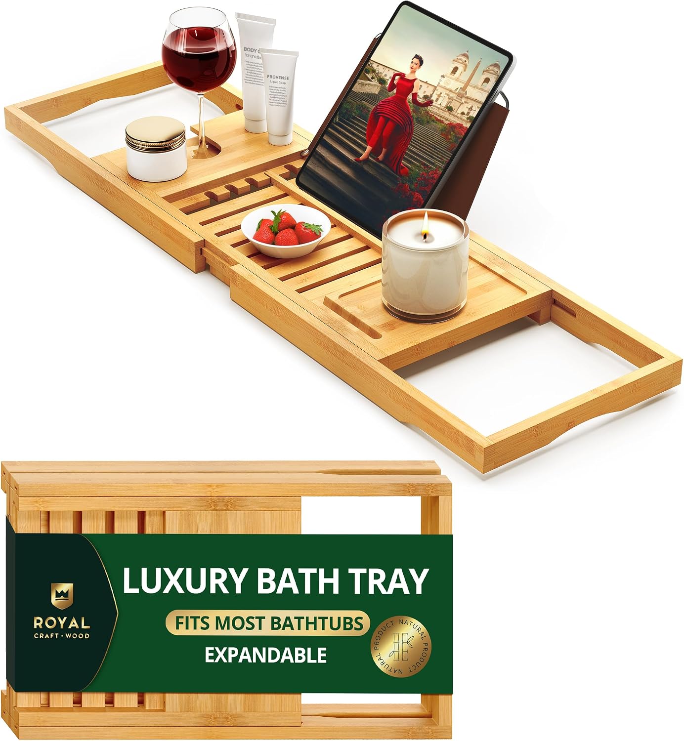 ROYAL CRAFT WOOD Premium Foldable Bathtub Tray Caddy – Wood Bath Tray for Tub, Bamboo Shelf, Expandable Bath Table Trays, Bathtub & Bathroom Accessories for New Home & Mothers, Birthday Gifts for Mom