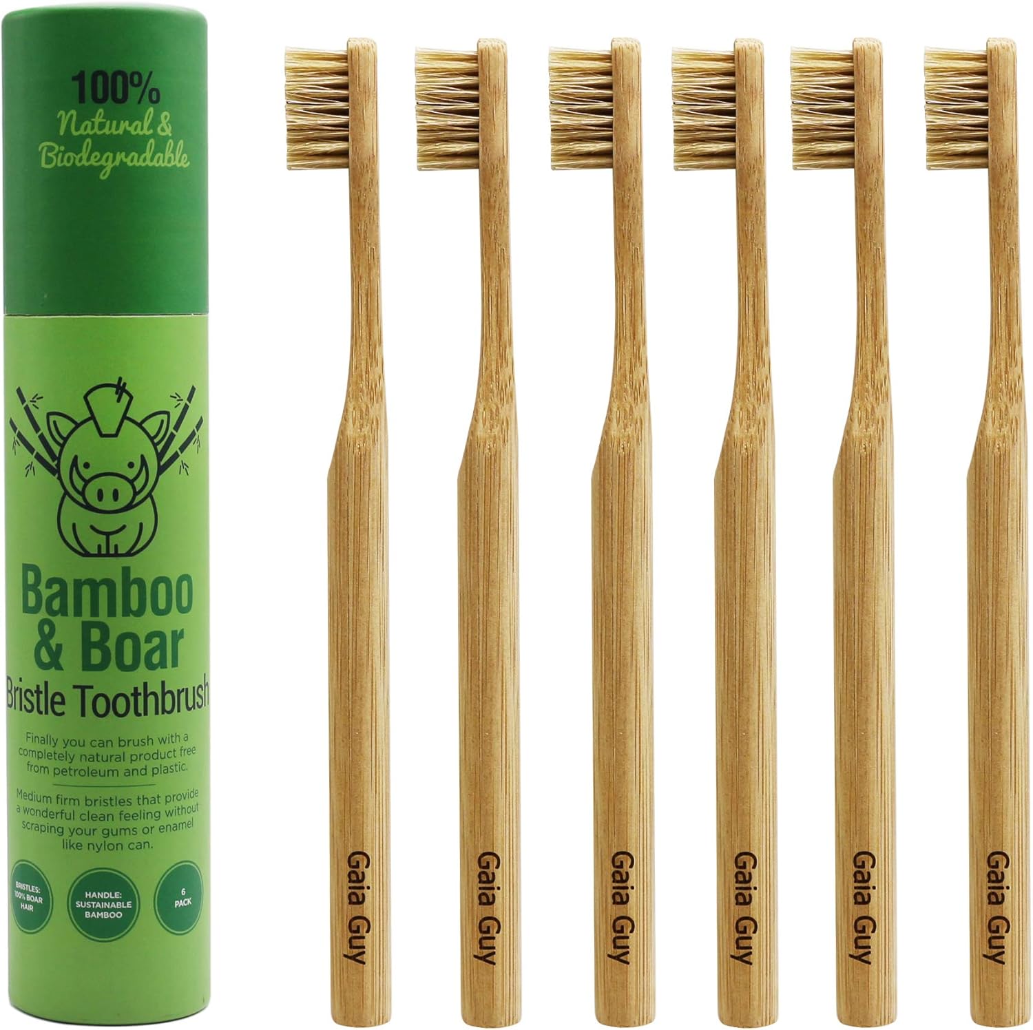 Gaia Guy Natural Bristle Bamboo Toothbrush (NO Nylon – Boar Hair ONLY) – Totally Compostable & Biodegradable Boar Bristle and Bamboo Toothbrushes – Zero Waste – 6-Pack