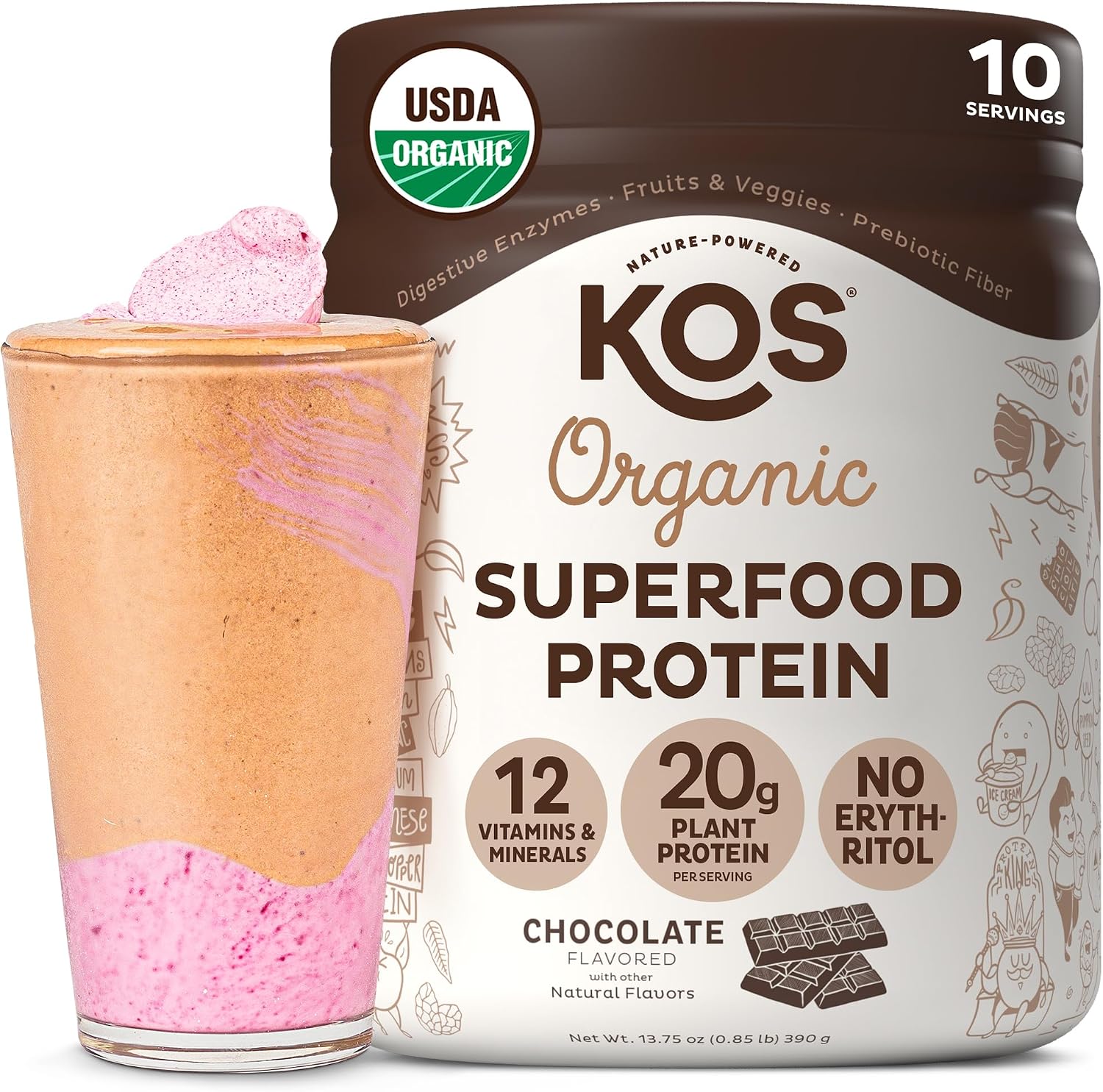 KOS Vegan Protein Powder, Chocolate USDA Organic – Low Carb Pea Protein Blend, Plant Based Superfood with Vitamins & Minerals – Keto, Soy, Gluten Free – Meal Replacement for Women & Men – 10 Servings