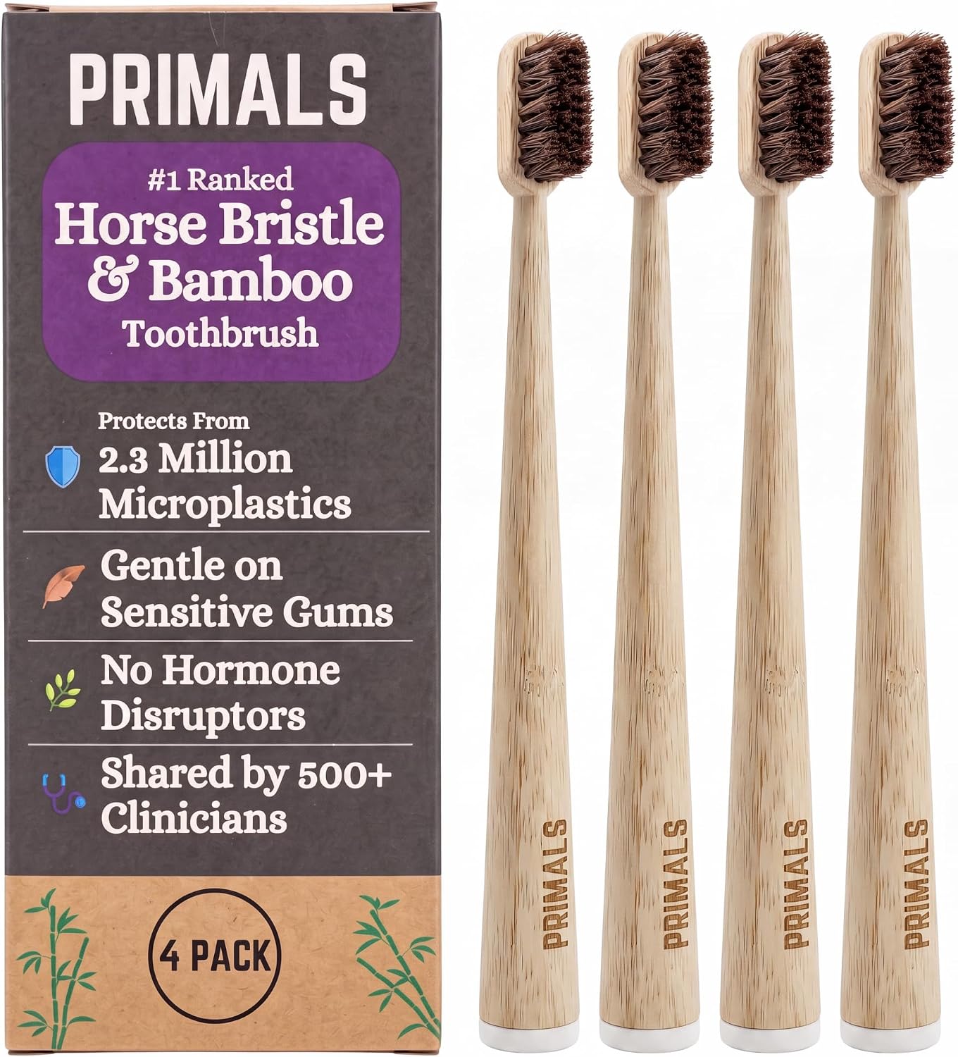 PRIMALS Horse Bristle & Bamboo Toothbrush (4-Pack) – Luxurious & Soft Horse Bristles – Fully Biodegradable – Plastic & Nylon Free – Quick Dry Design