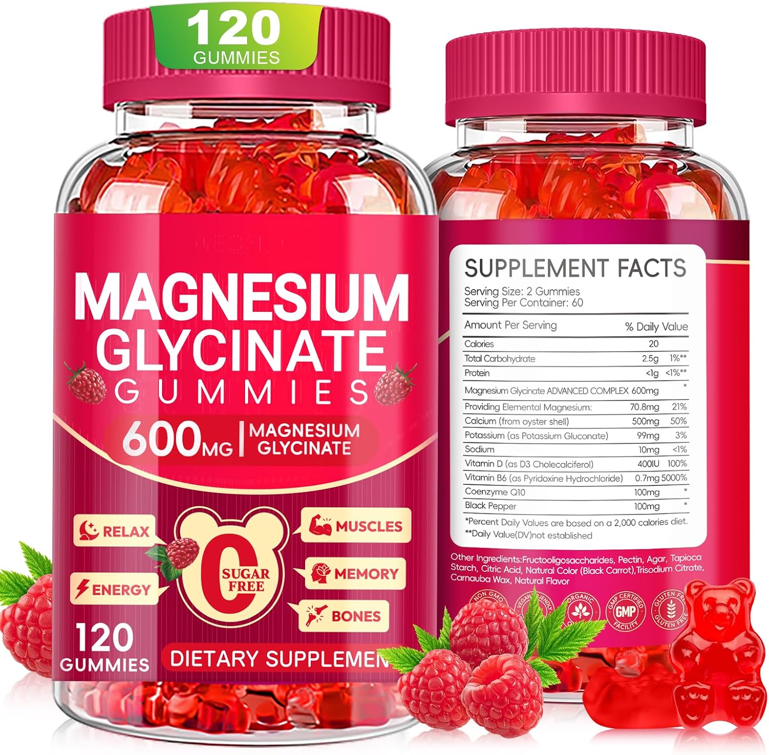 Magnesium Glycinate Gummies 600mg, Sugar Free Magnesium Gummies for Adults | High Absorption Magnesium Supplement, Chewable Potassium Supplements for Body Support, Zzz and Relaxation, 120 Count
