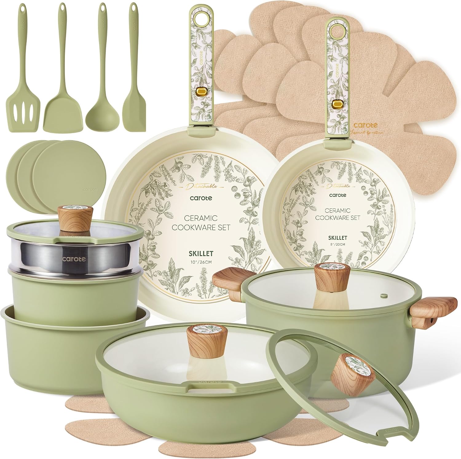 CAROTE 25pcs Ceramic Cookware Sets, Nonstick Pots and Pans Set Non Toxic