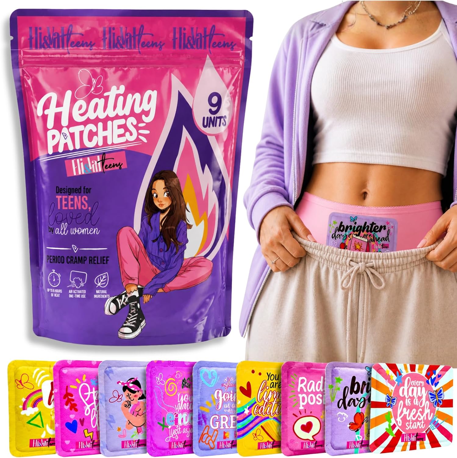 ELI&VAL Heating Patches for Period Cramps, Teens & Women – 9 Count | Disposable Stick-On Menstrual Cramp Heat Pads for Tweens, Teen Girls & Women – Natural, Ultra-Thin, Portable, Up to 8 Hours