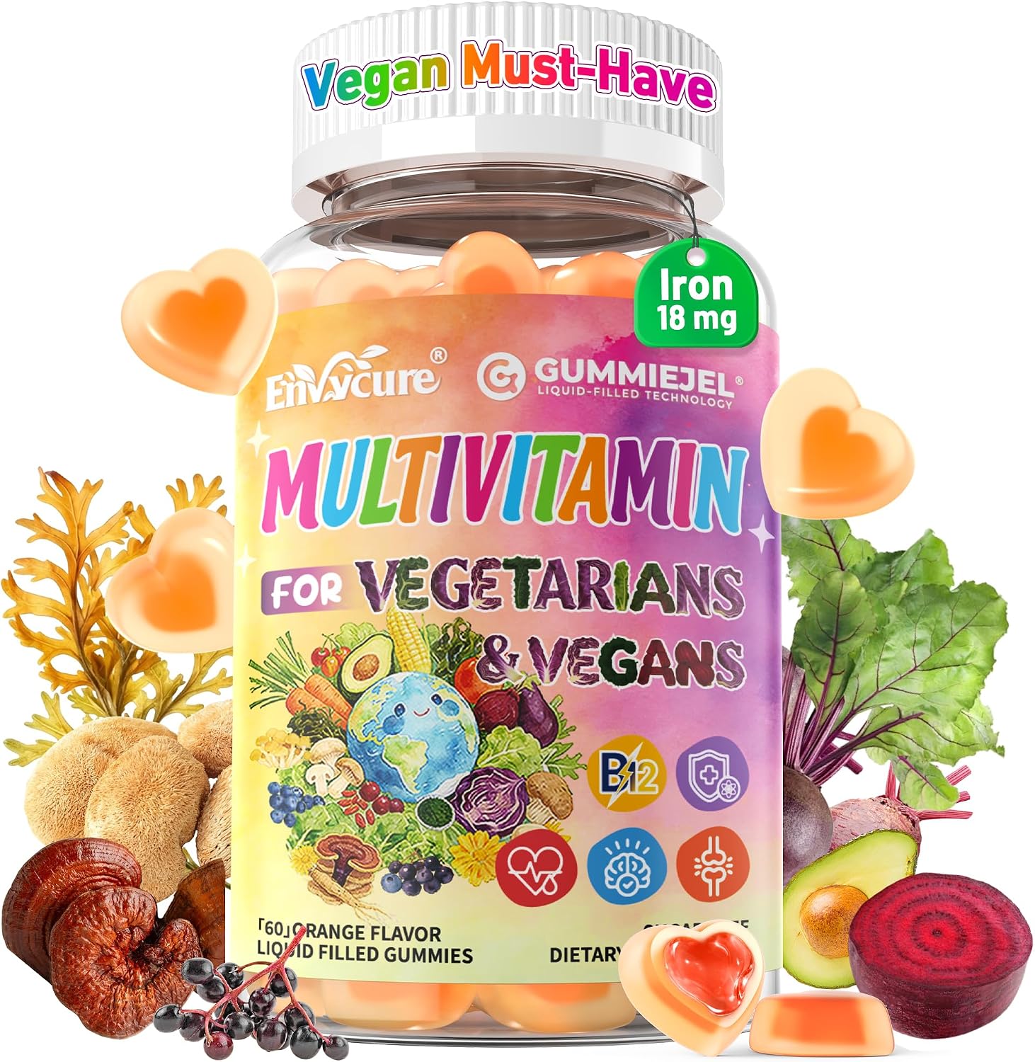 Envycure 41-in-1 Vegan Methylated Multivitamin Gummies for Women Men w/Iron, B12 D3, Omega 3, Daily Vitamins for Adults, Fill Nutrient Gaps for Vegans & Vegetarians, Energy, Brain, Immune, Antioxidant