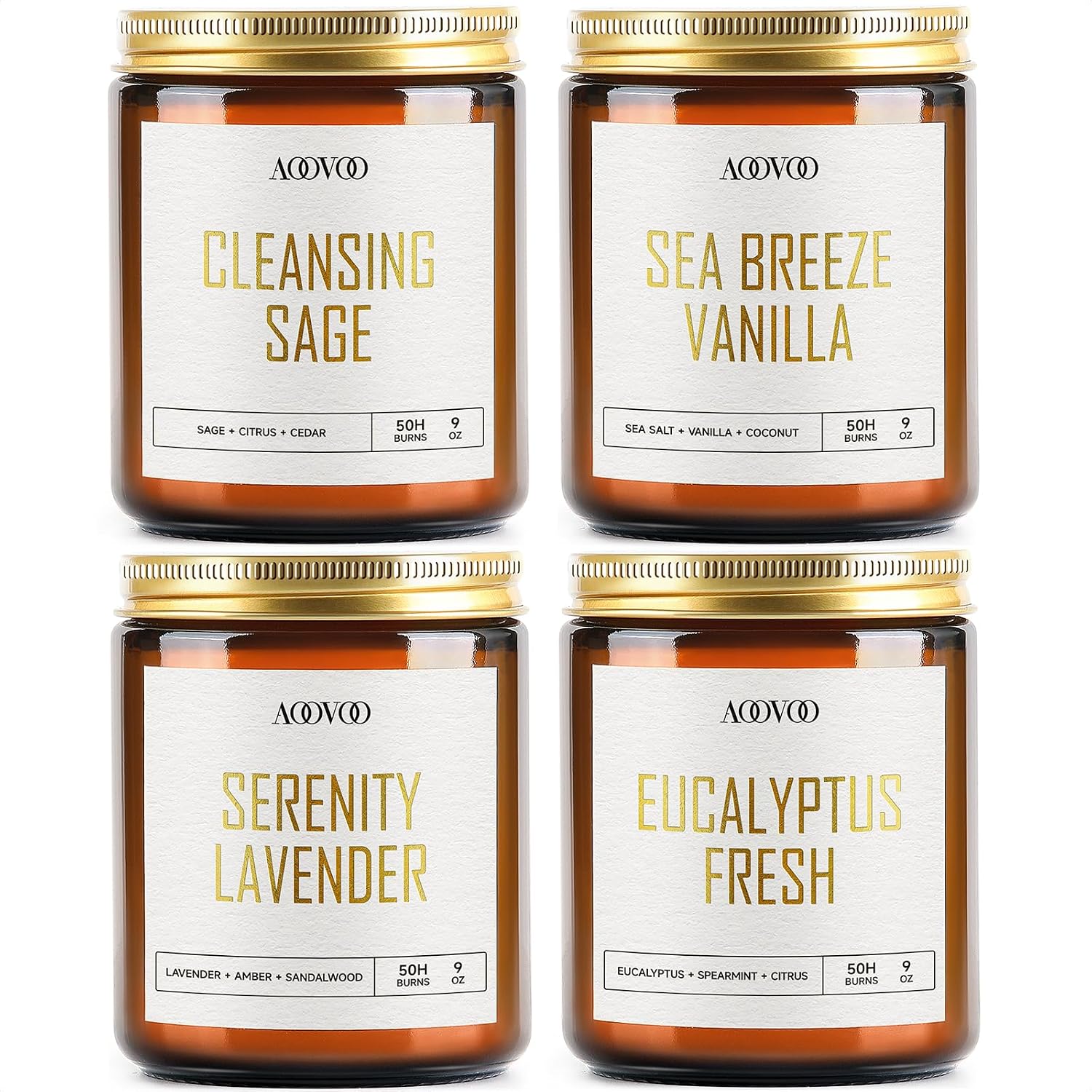 AOOVOO Scented Candles – 4PC Candle Set, 36 oz Soy Candles | Soy Candle for Home Scented, Lavender/Vanilla/Eucalyptus/Sage