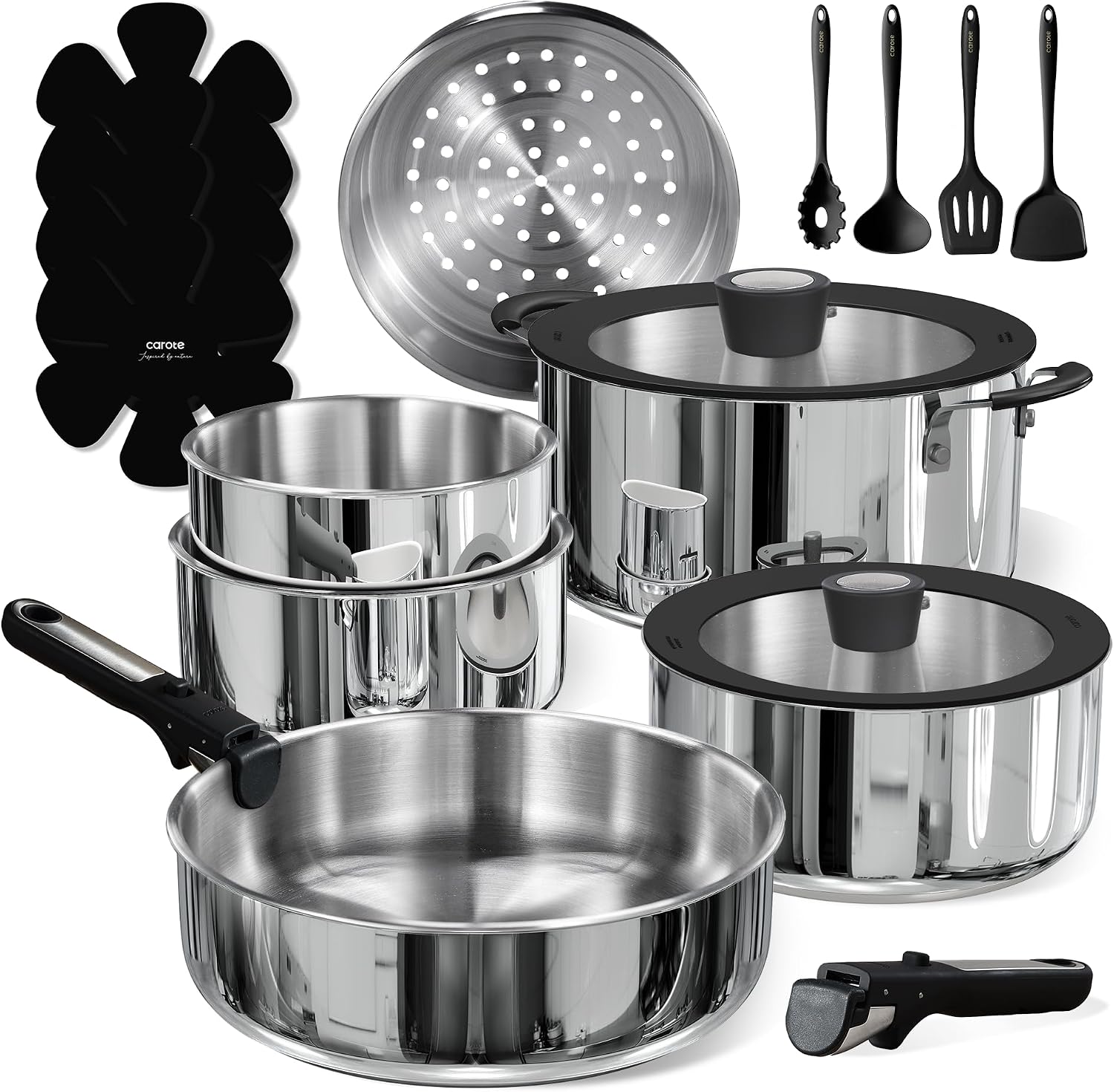 CAROTE 18pcs Tri-Ply Stainless Steel Cookware Set with Detachable Handle