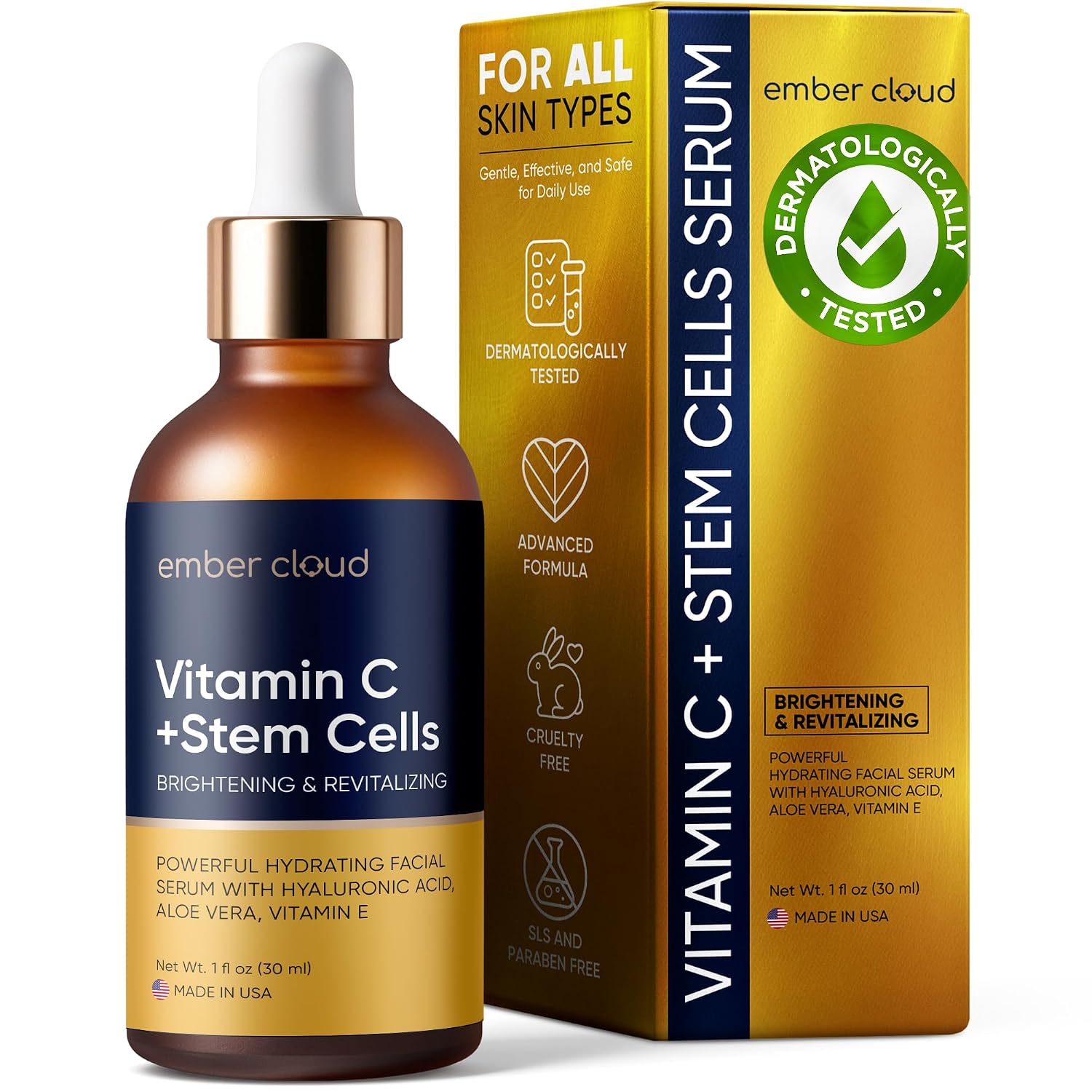 Vitamin C Serum for Face with Stem Cells & Hyaluronic Acid 1 Oz | Anti-Aging, Brightening, Hydrating Face Serum for All Skin Types, Cruelty Free, Made in USA, with Aloe Vera & Vitamin E
