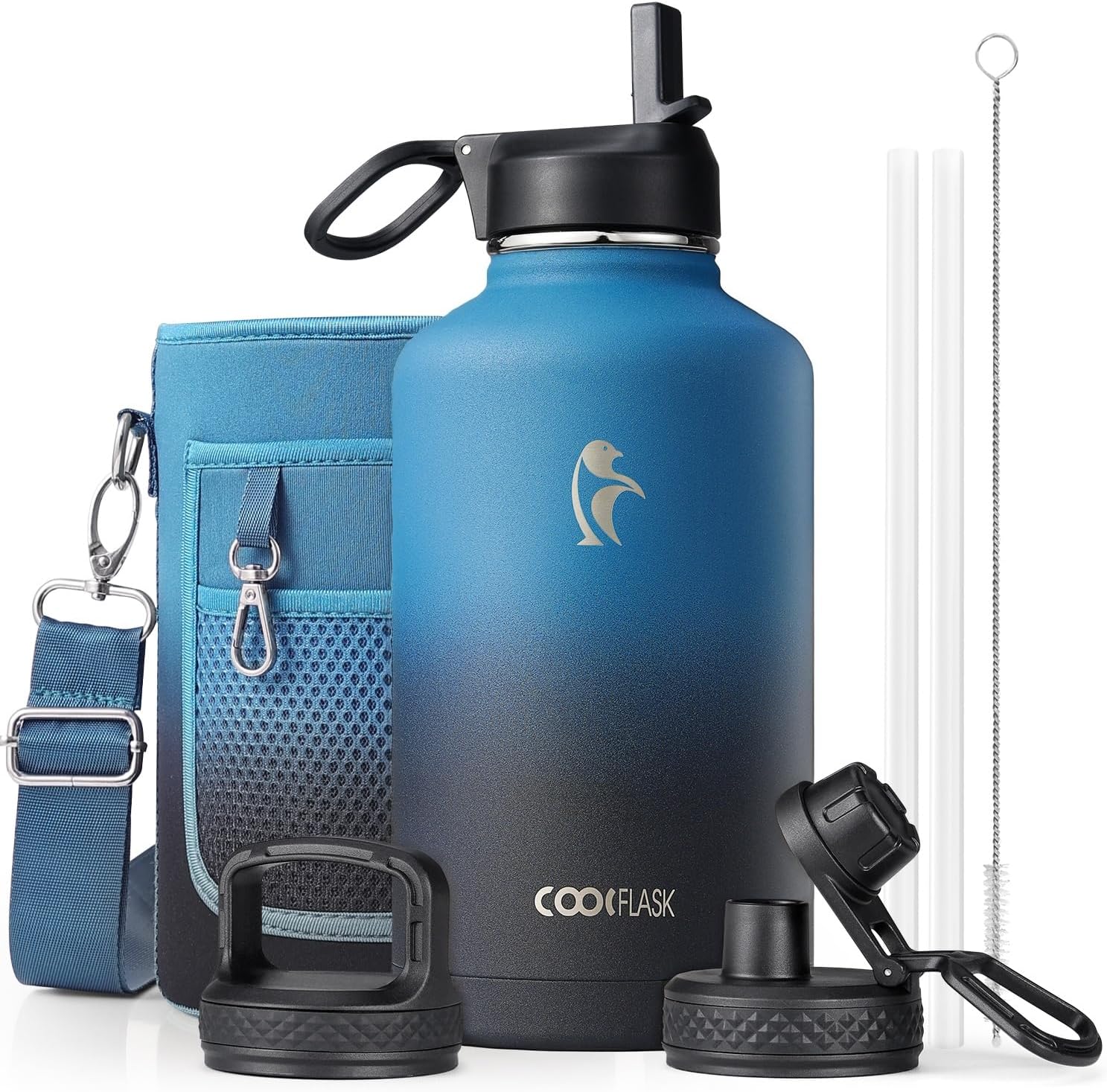 Coolflask Half Gallon Water Bottle Insulated with Straw & 3 Leakproof Lids | 64 oz Large Water Jug Stainless Steel Triple-Wall, Cold 48+h/Hot 24+h Dishwasher Safe, BPA-Free, for Sports Gym & Hiking