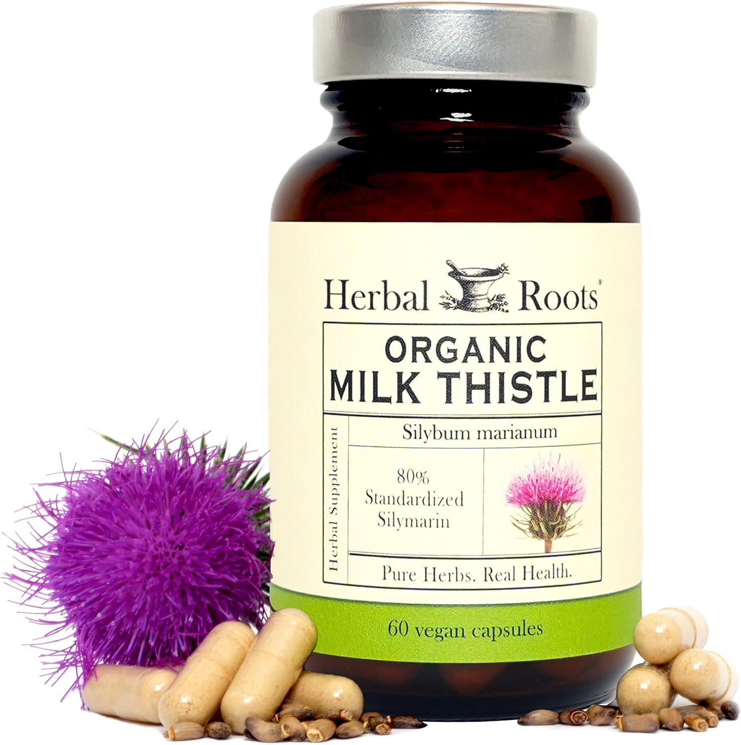 Herbal Roots Organic Milk Thistle Capsules – 80% Silymarin – Liver Support – USDA Certified Organic – 60 Vegan Capsules